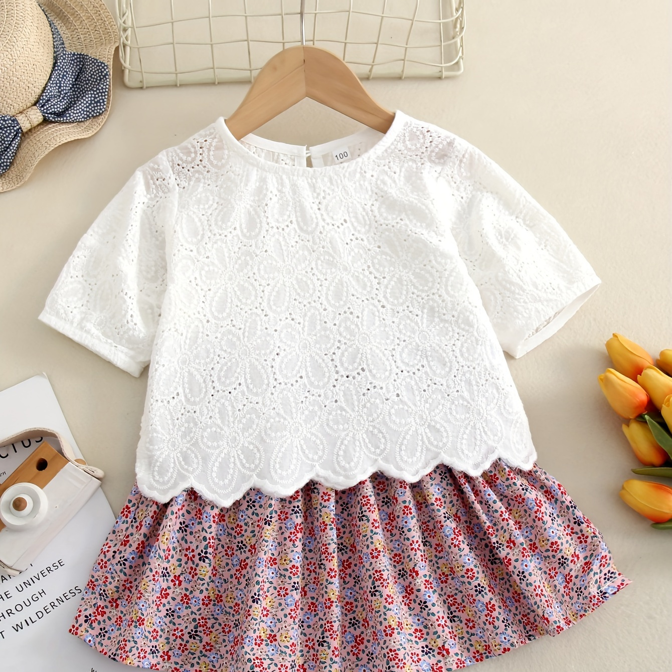 

Sweet Girls Comfy 100% Cotton 2pcs Set, Crew Neck Short Sleeve Pullover Top + Flora Skirt Summer Clothes