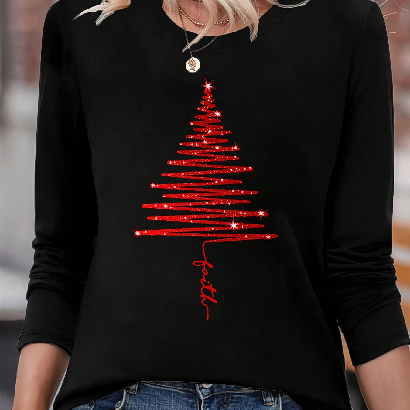 

Sparkling Red Christmas Tree Long Sleeve T-shirt - Crew Neck, Casual Fit For Women, Machine Washable, Spring & Fall