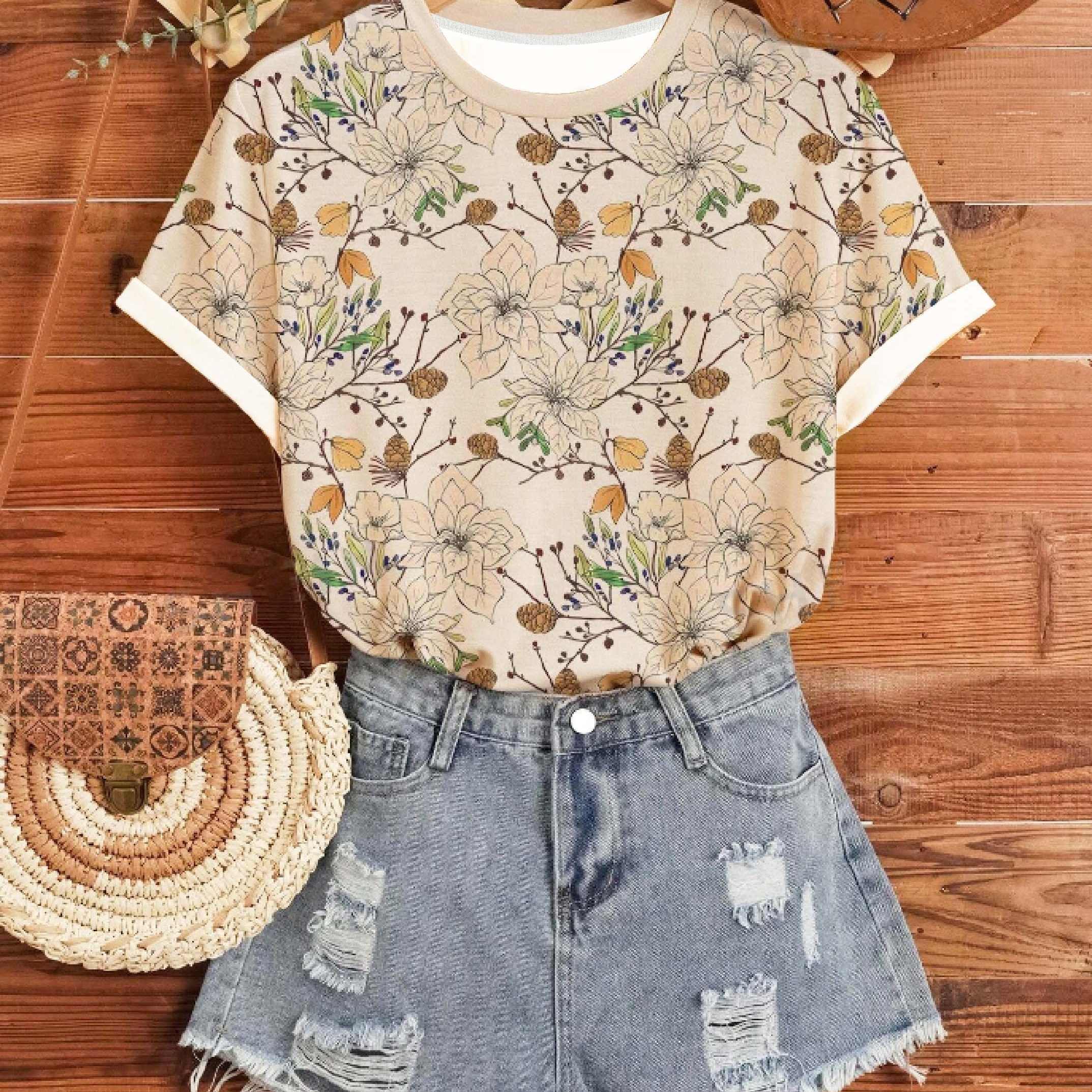

Floral Print Crew Neck T-shirt, Casual Short Sleeve Top For Spring & Summer, Women's Clothing