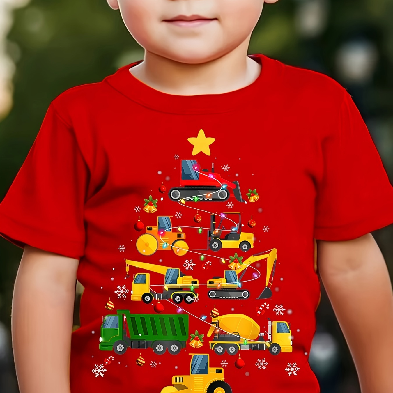 

Boys' Casual Christmas Construction Truck Graphic T-shirt - 100% Polyester Crew Neck Short Sleeve Tee With Applique, Summer Knit Fabric Top For Children 12 And Under
