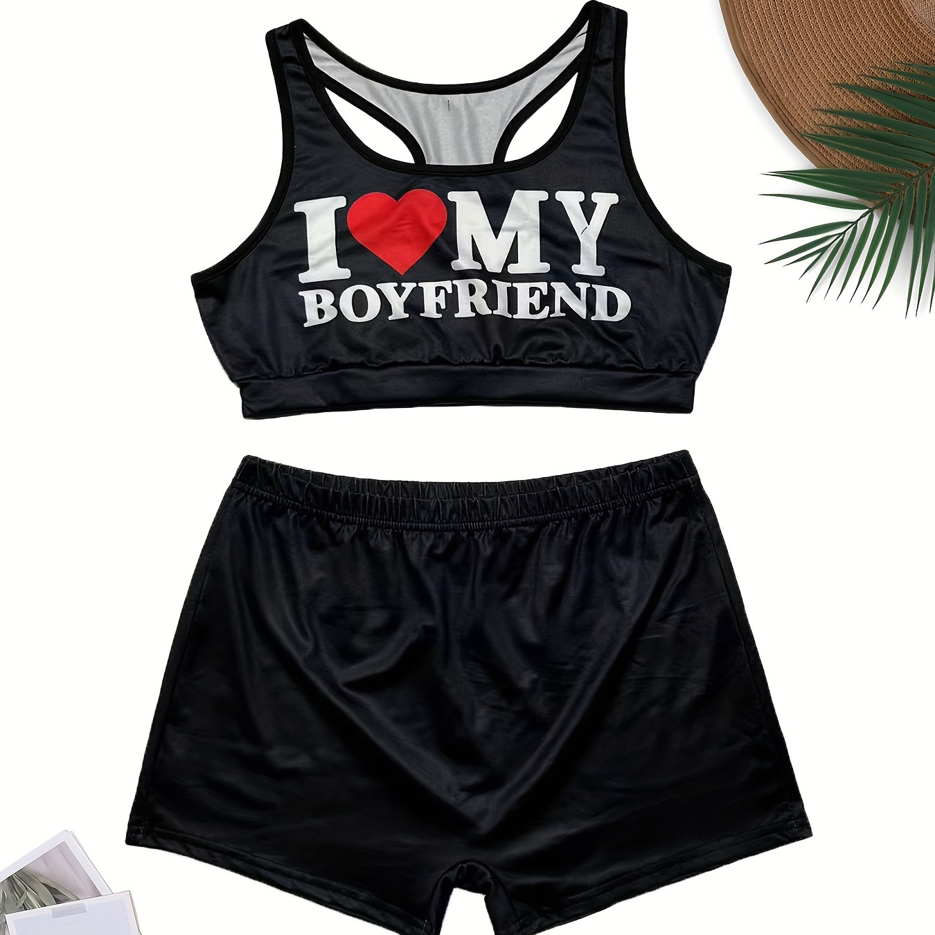 

Letter 2 Piece Set, Crew Neck Sleeveless Tank Top & Waist Shorts Outfits, Women's Clothing