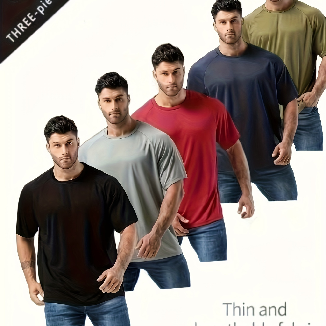 

5pcs Plus Size Men's Athletic T-shirts, Breathable Moisture-wicking Crew Neck Tees, Solid Color, Polyester Knit Fabric With Slight Stretch, For Running And Workouts,