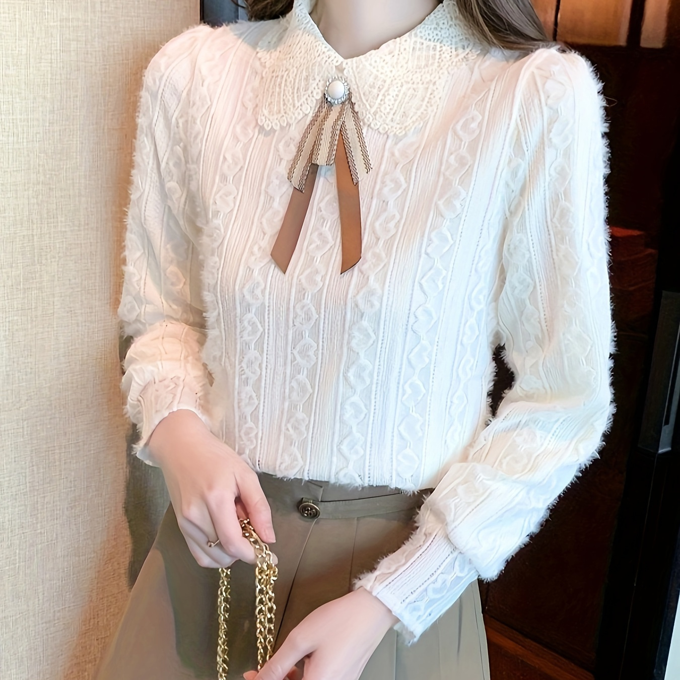 

Women's Casual Ruffle Neck Blouse Polyamide Spandex Blend Lace Detail Long Sleeve Shirt For Spring/fall - Woven Lapel Collar Solid Color Top