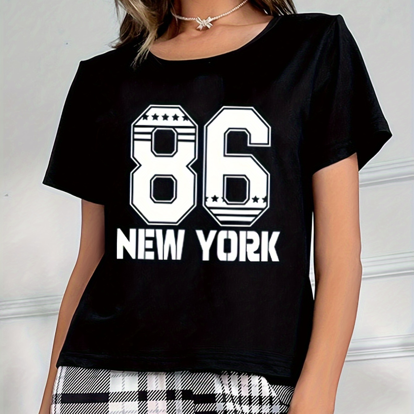 

Women's Casual Letter Print T-shirt, Letter & Numebr Graphic Tee, Comfort Fit Short Sleeve Top For Everyday Wear