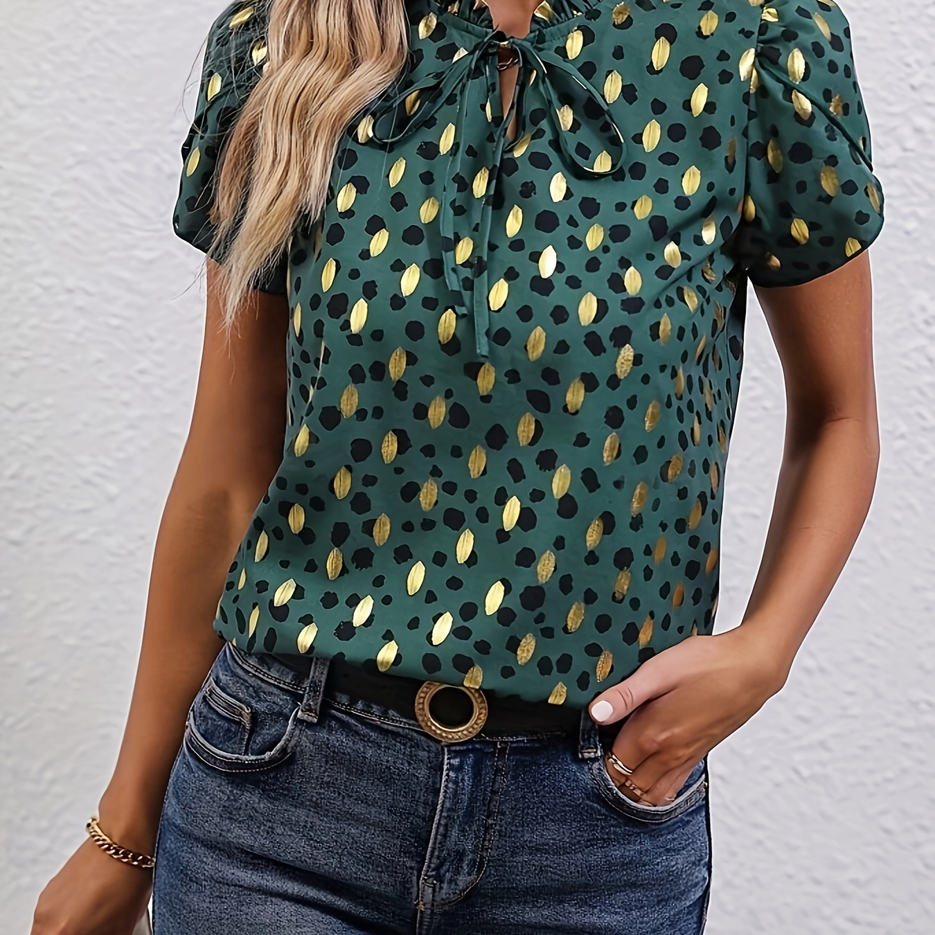 

Elegant Green & Golden Polka Dot Ruffle Collar Blouse For Women - Lightweight Polyester, Machine Washable, Non-sheer With Pleated Detail -