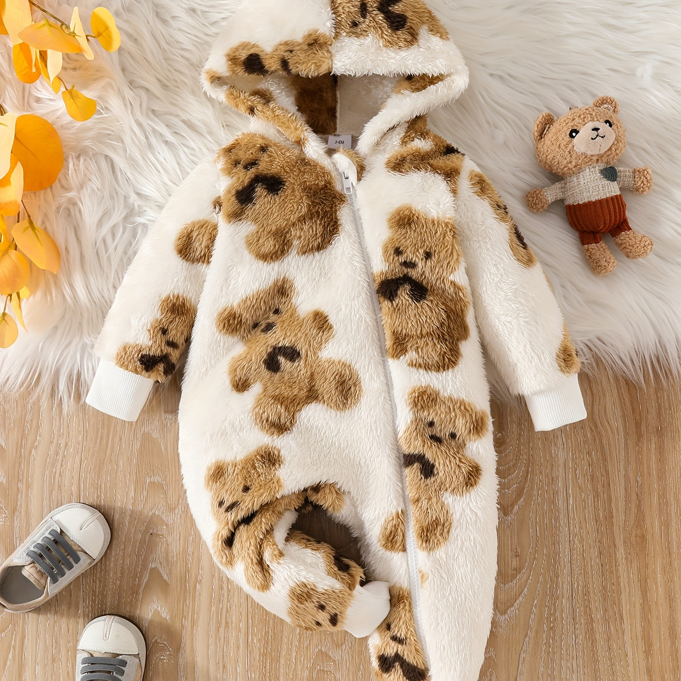 

Baby's Cartoon Bear Pattern Warm Fuzzy Long Sleeve Hooded Romper, Toddler & Infant Girl's Bodysuit For Fall Winter