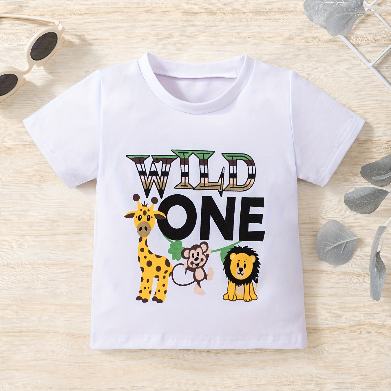 

Baby Boys And Girls Cute "wild One" Animal Pattern Round Neck T-shirt Clothes For Summer