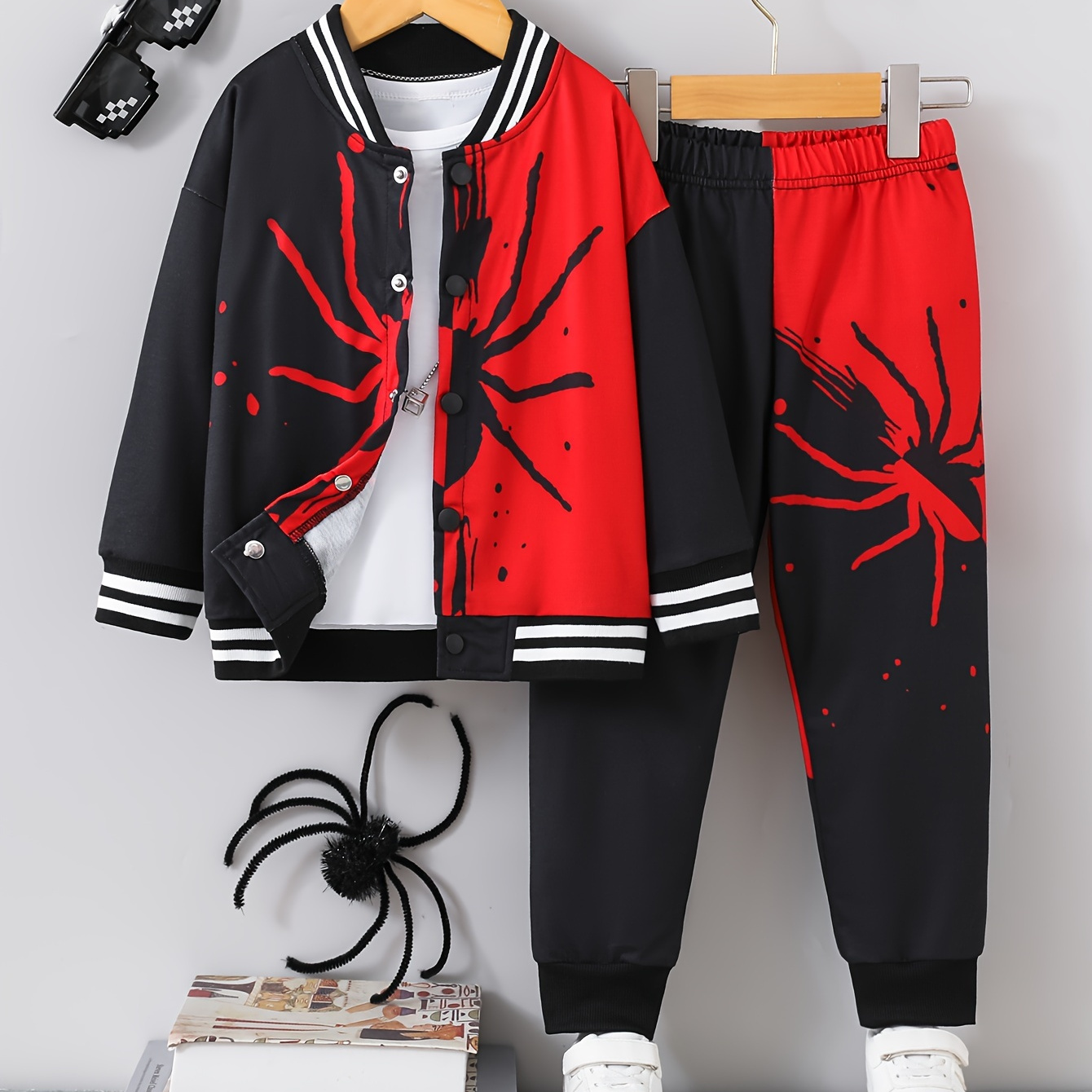 

2pcs Boys Cool Colorblock Spider Print Long Sleeve Drop Shoulder Varsity Baseball Jacket&casual Pants Outfit, Boys Clothing Outdoor