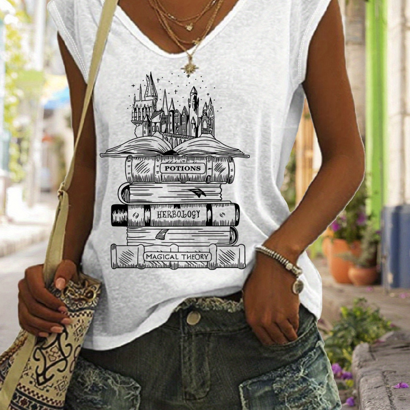 

Book Print Tank Top, Cap Sleeve Casual Top For Summer & Spring, Women's Clothing