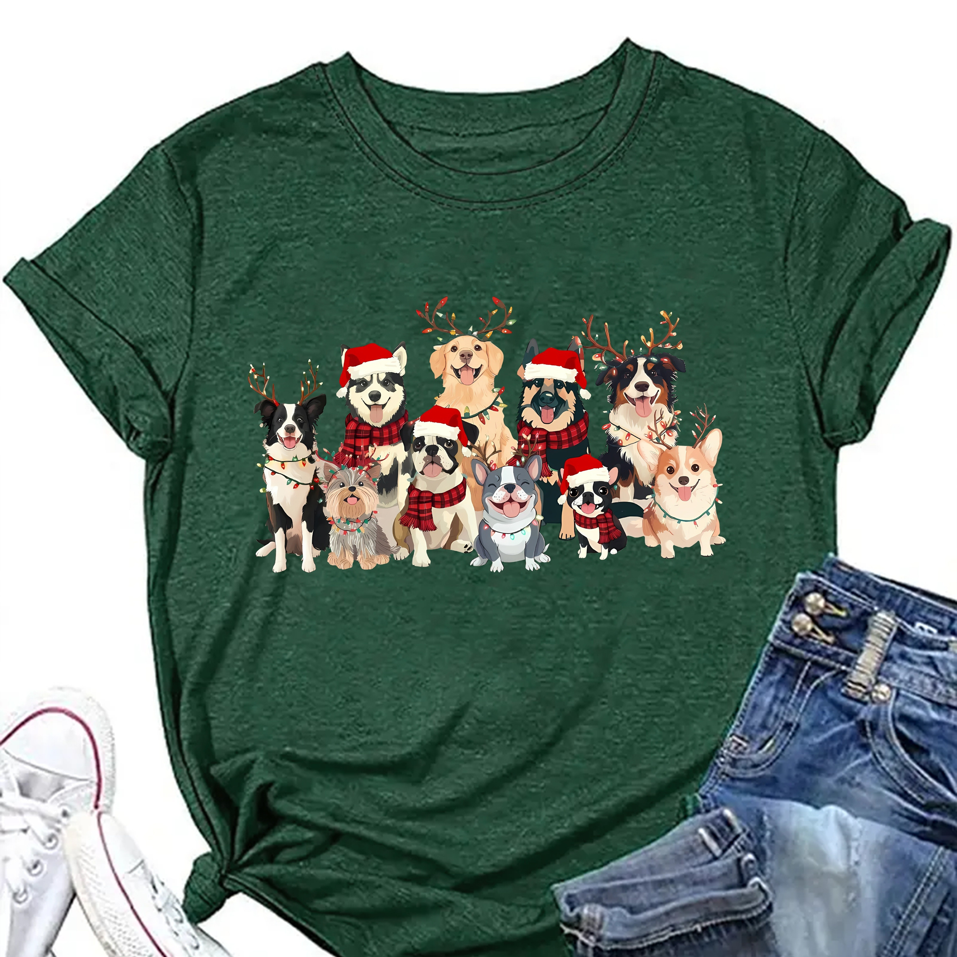 

Women's Festive Christmas Dog Print T-shirt - Casual Crew Neck, Short Sleeve Top, Breathable Polyester, Machine Washable