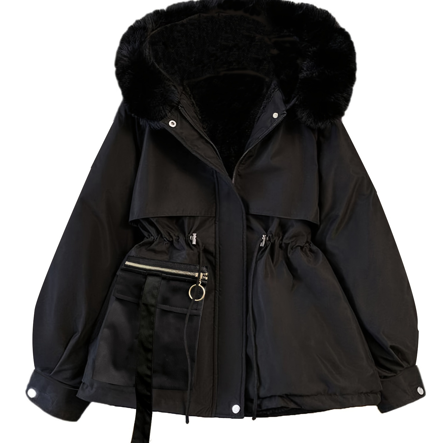 

Size Fur Trim Hooded Parka Coat With Pockets - Machine Washable, Polyester, Solid Color For Women - Fall/winter