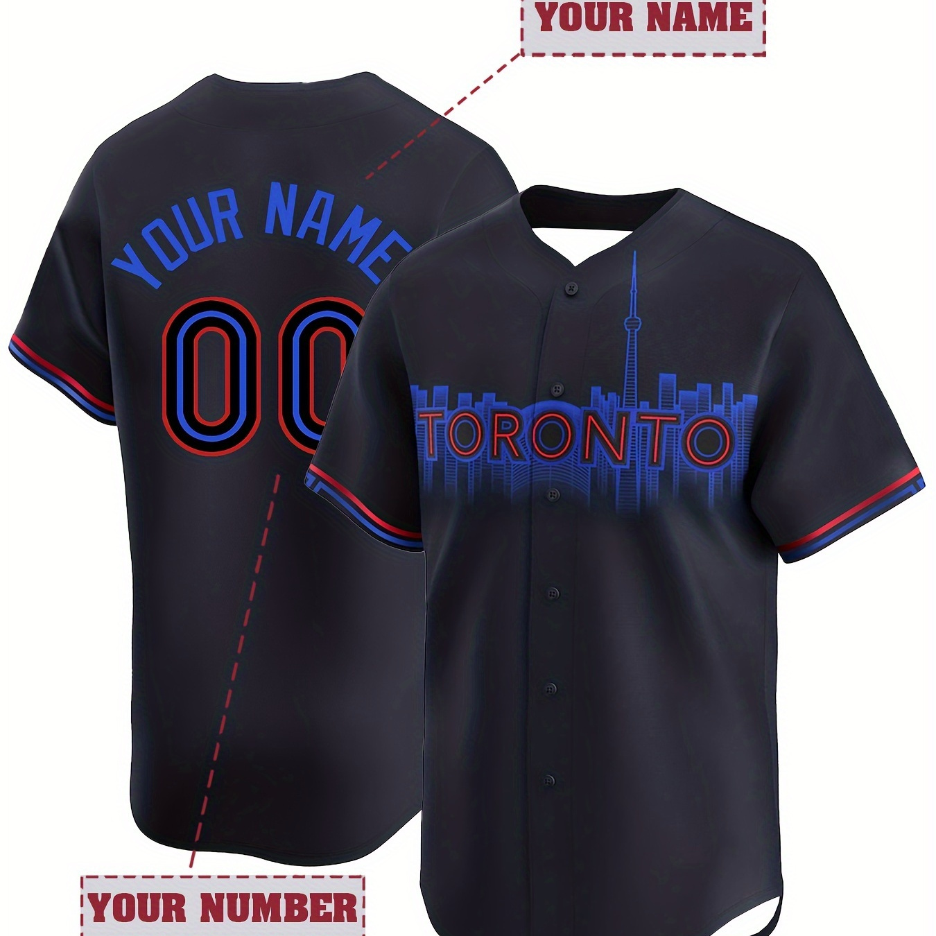 

Men's "toronto" Baseball Jersey With Customized Name And Number, Comfy Top For Summer Sport