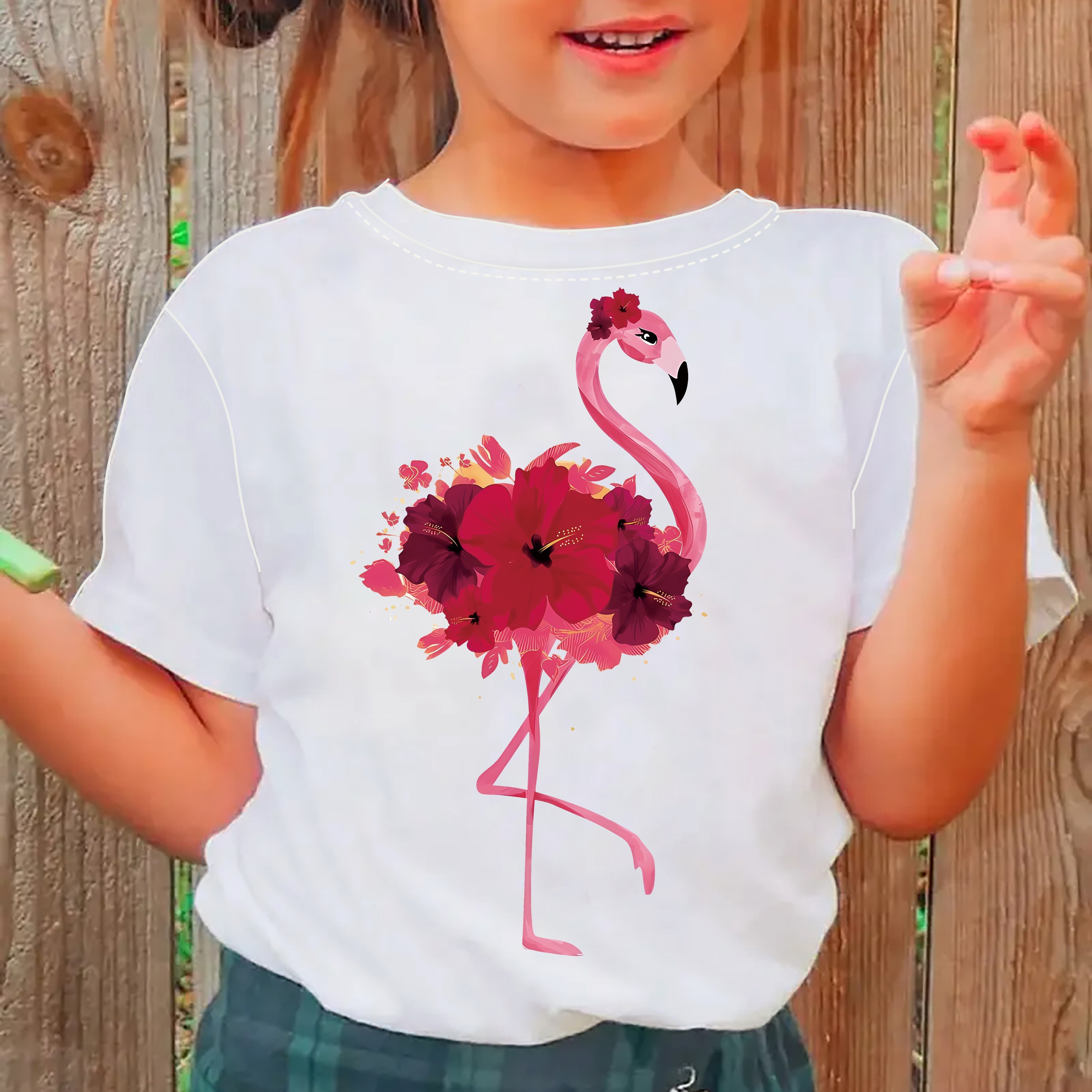 

Cartoon Flamingo With Flowers Graphic Print, Girls' Casual Crew Neck Short Sleeve T-shirts, Comfy Top Clothes For Spring And Summer For Outdoor Activities