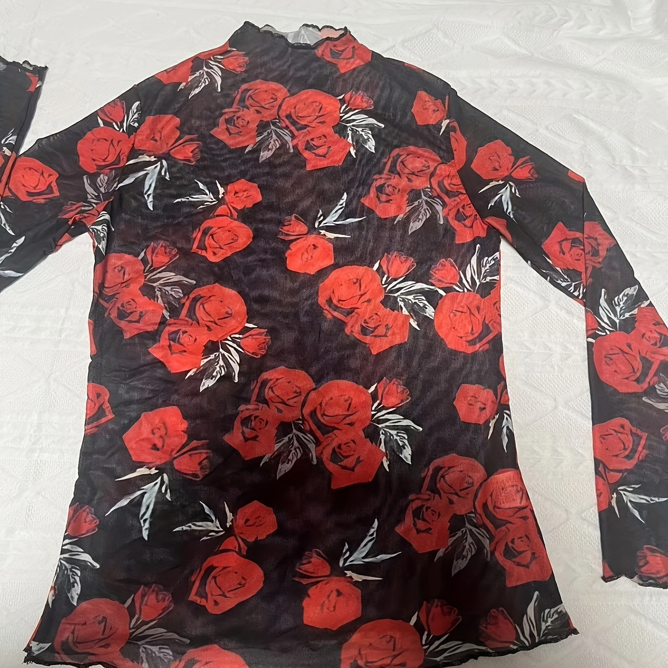 

Rose Print Lettuce Trim T-shirt, Elegant Long Sleeve Slim T-shirt For Spring & Fall, Women's Clothing