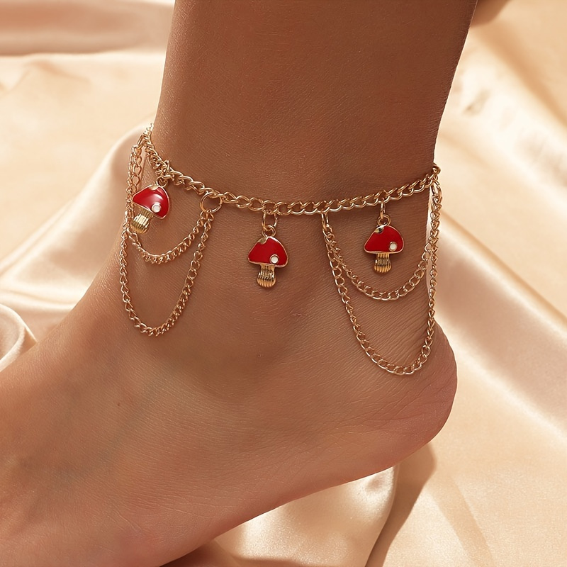 

Multi-layer Chain Tassel Anklet With Mushroom Shape Pendant Adjustable Ankle Bracelet For Women Summer Beach Clothings Decor Y2k Style