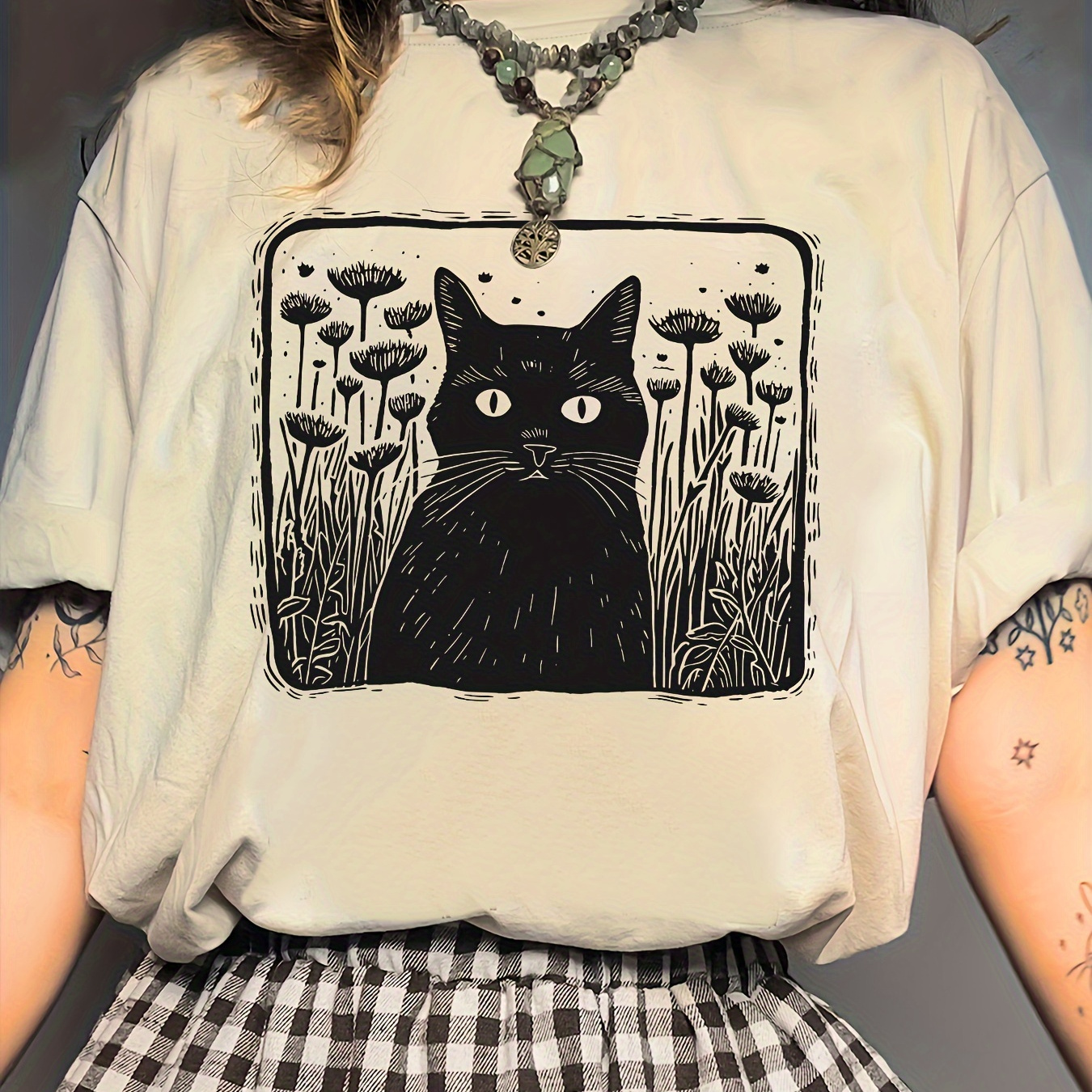 

Cat Print Short Sleeve T-shirt, Casual Crew Neck Top For , Women's Clothing