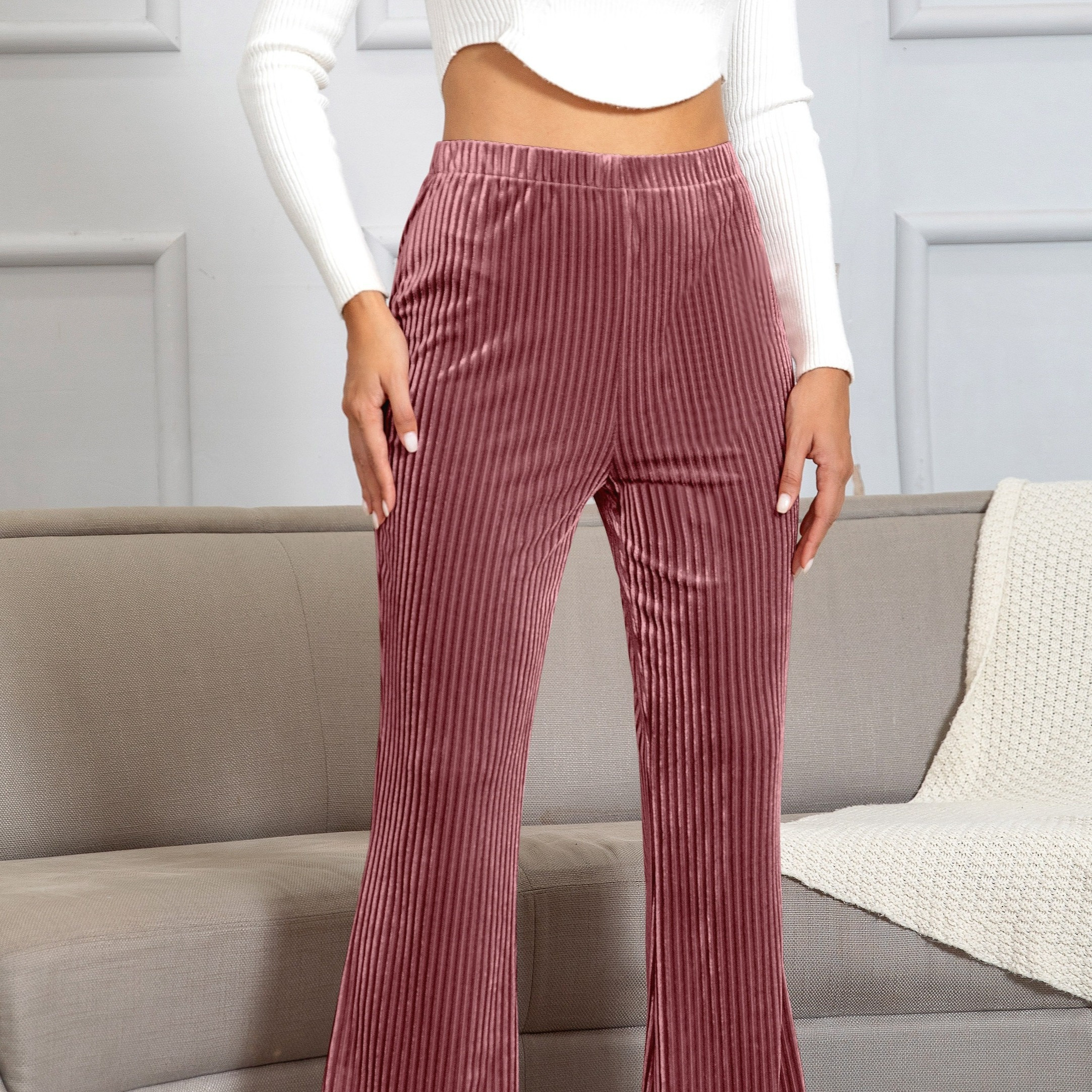 Solid Ribbed Flare Leg Pants Casual High Waist Slim Elastic - Temu Portugal