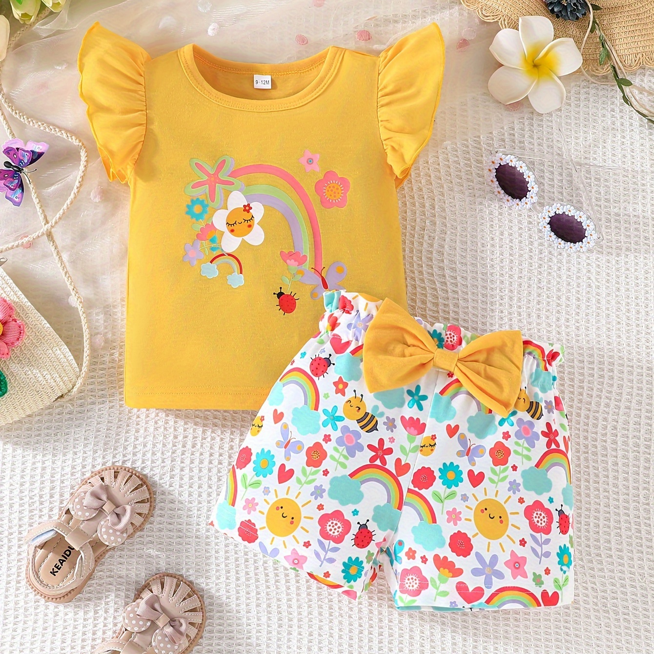 

2pcs Baby's Cartoon Rainbow Print Cap Sleeve Top & Bowknot Decor Shorts Set, Toddler & Infant Girl's Clothes For Summer Daily Wear