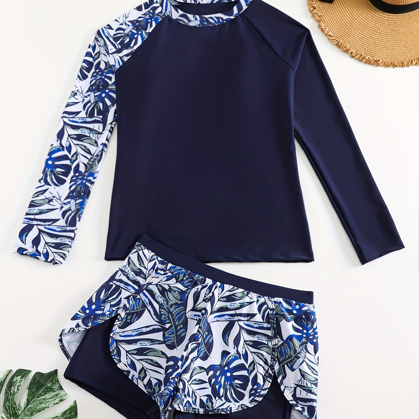 

Tropical Print Patchwork Long Sleeve 2 Piece Swimsuit, Crew Neck High Stretch Sun Protective Water Sports Diving Surfing Rush Guard, Women's Swimwear & Clothing