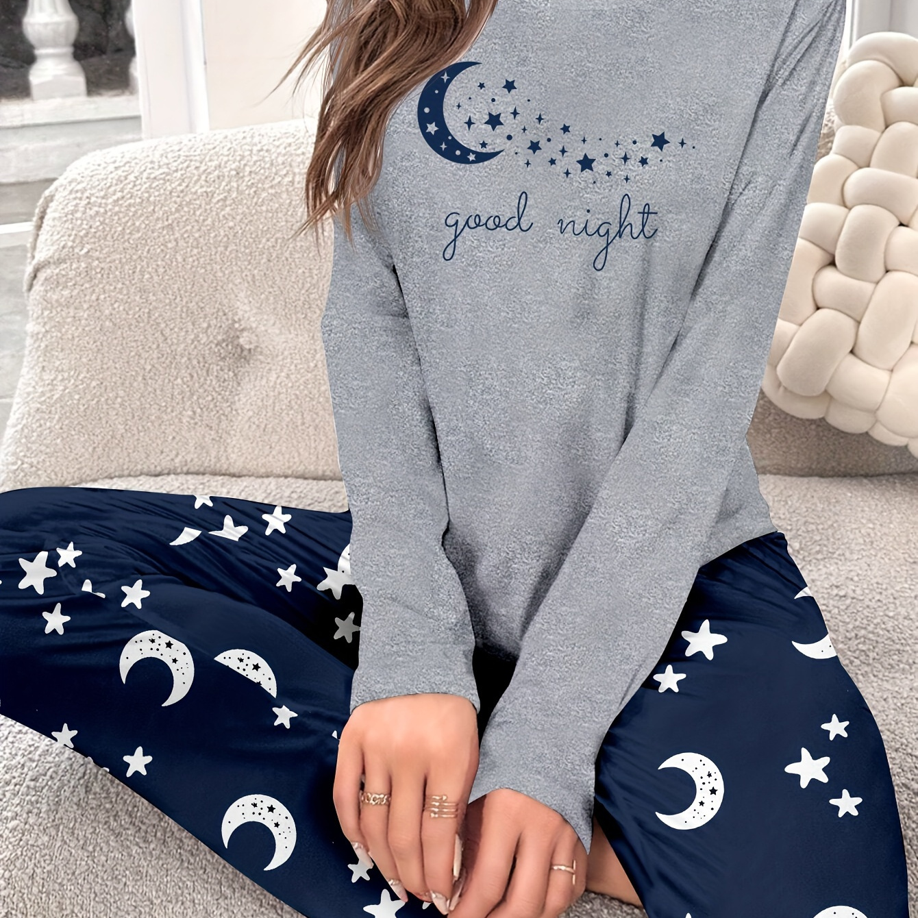 

Women's & Slogan Pajama Set, Long Sleeve Round Neck Top & Pants, Comfortable Relaxed Fit For Autumn & Winter