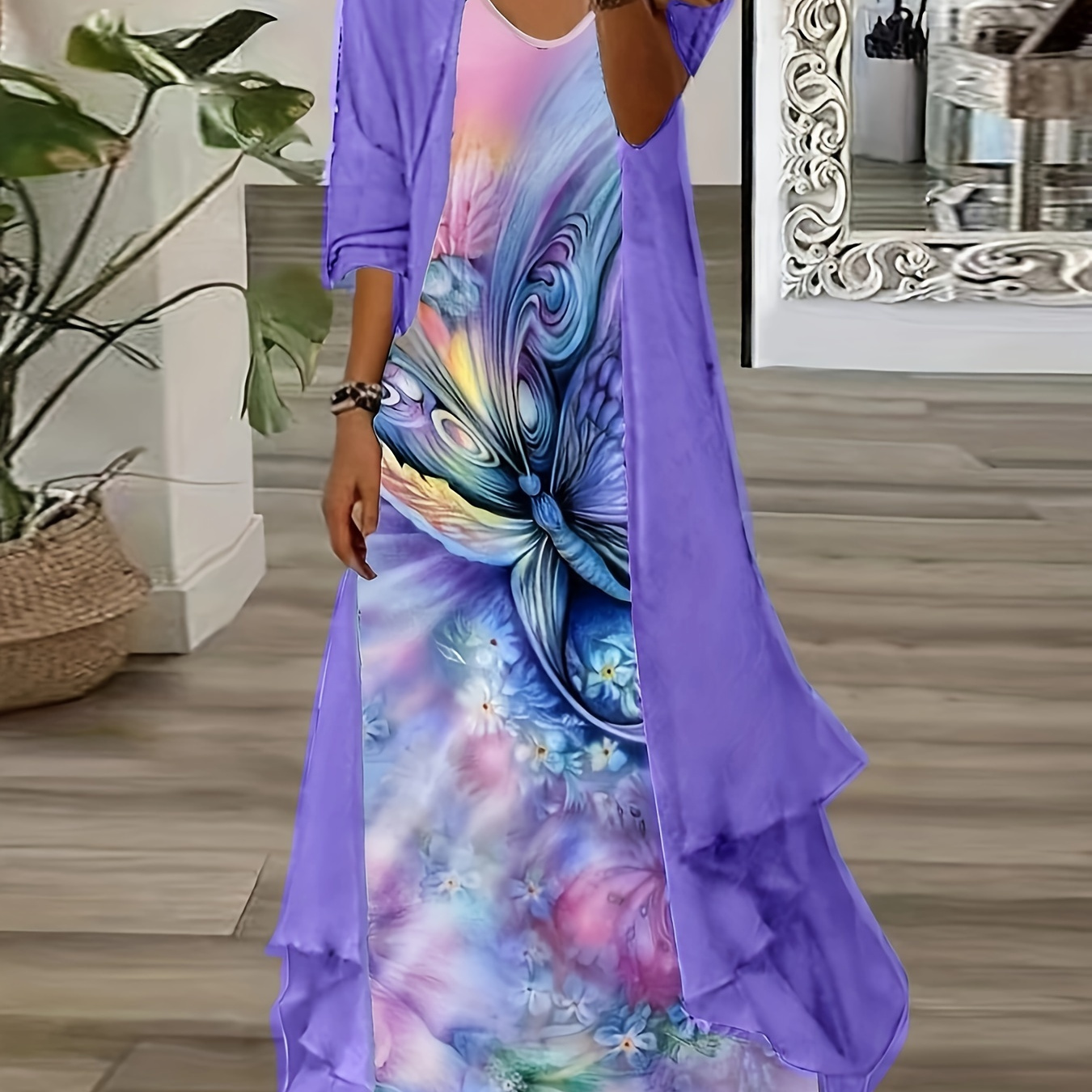 

Ensemble Robe Élégante à Imprimé Floral pour Femmes Grandes Tailles avec Col en V et Manches à Volants - Polyester Lavable en Machine, Motif Vibrant, Tissu Non Extensible, Robes Mignonnes