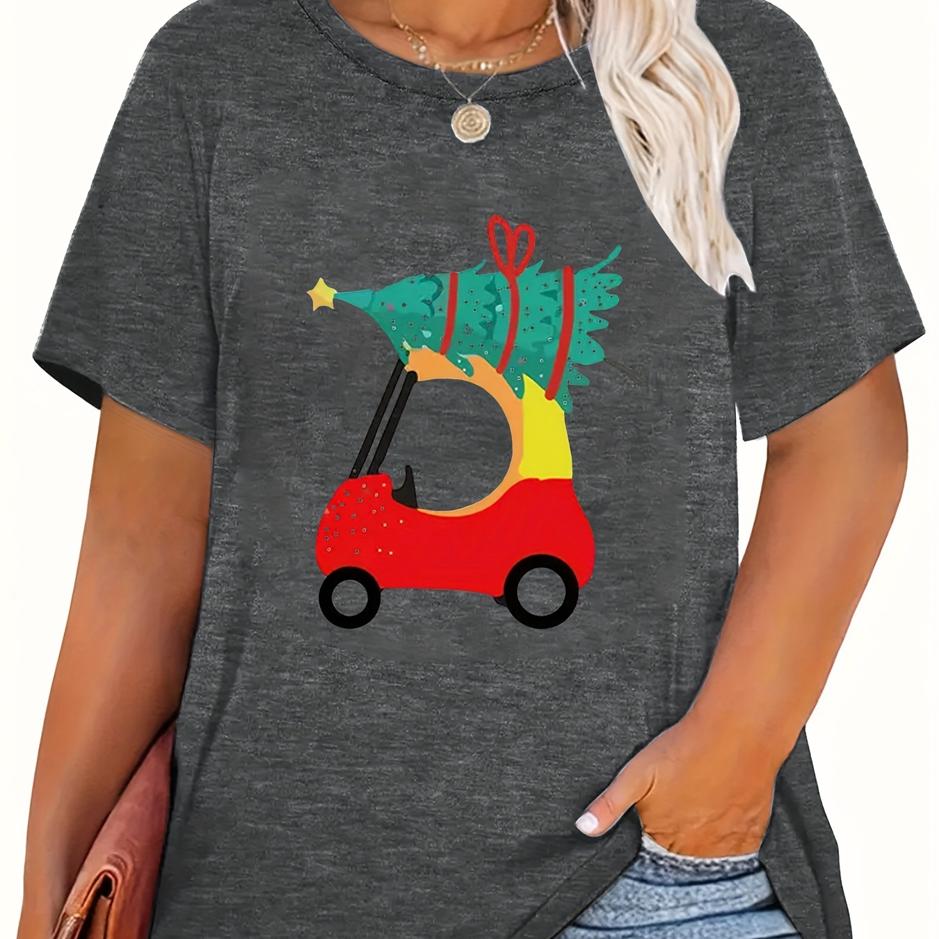 

Plus Size Christmas Print T-shirt, Casual Short Sleeve Crew Neck Top For , Women's Plus Size Clothing