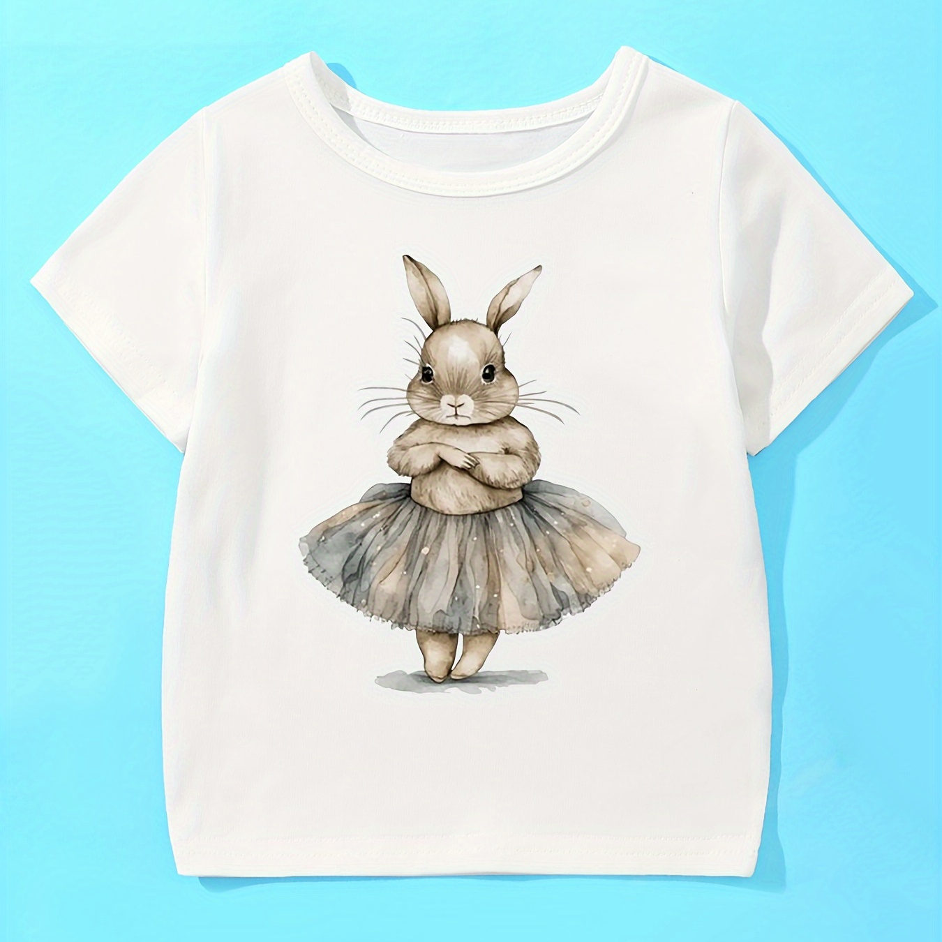 

Baby Girls Kids Cute Cartoon Dancing Rabbit Print Trendy Summer Breathable T-shirt, Short Sleeve Crew Neck Cotton Casual Top For Girls