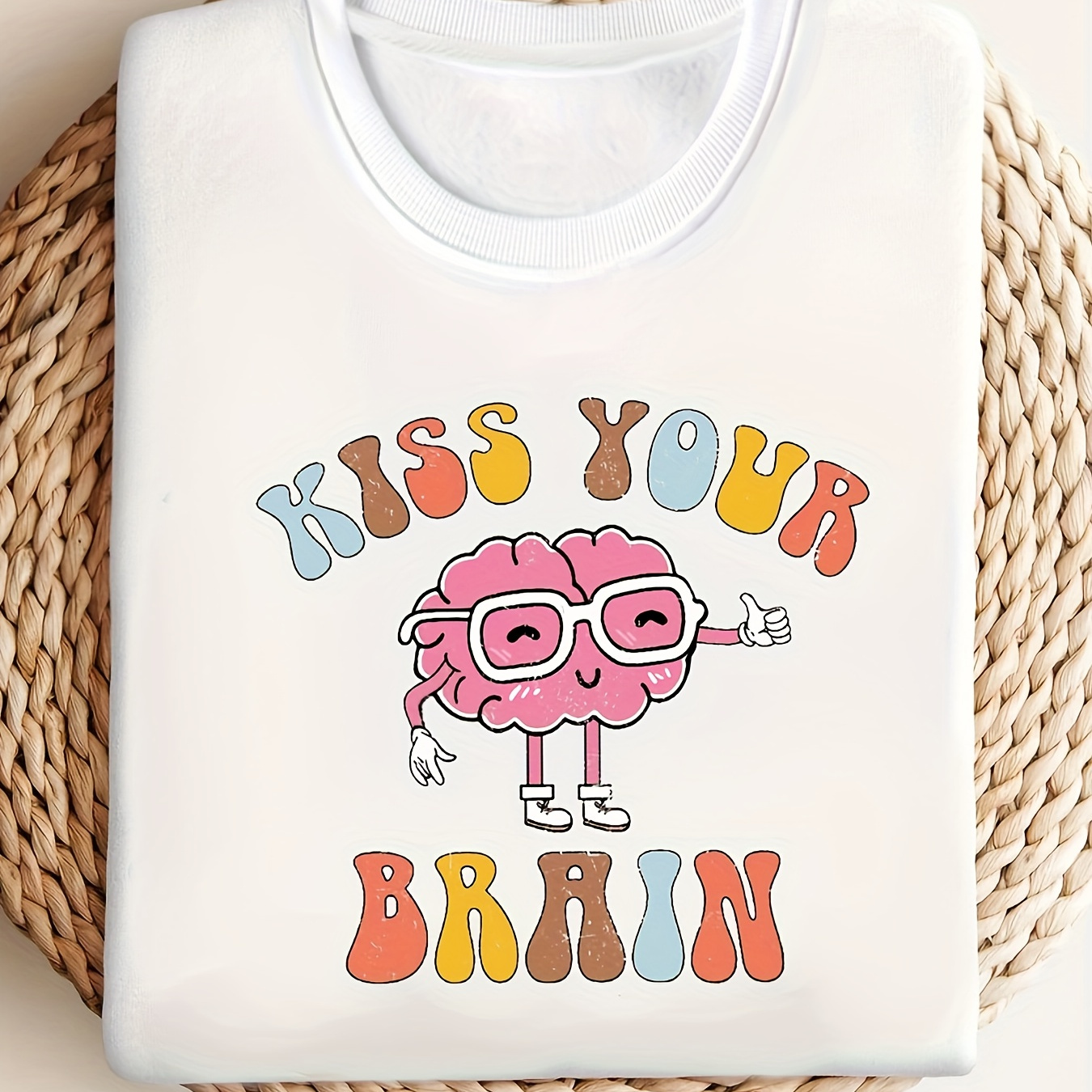 

Cartoon Letter & Brain Print Sweatshirt, Cute Long Sleeve Crew Neck Sweatshirt, Women's Clothing