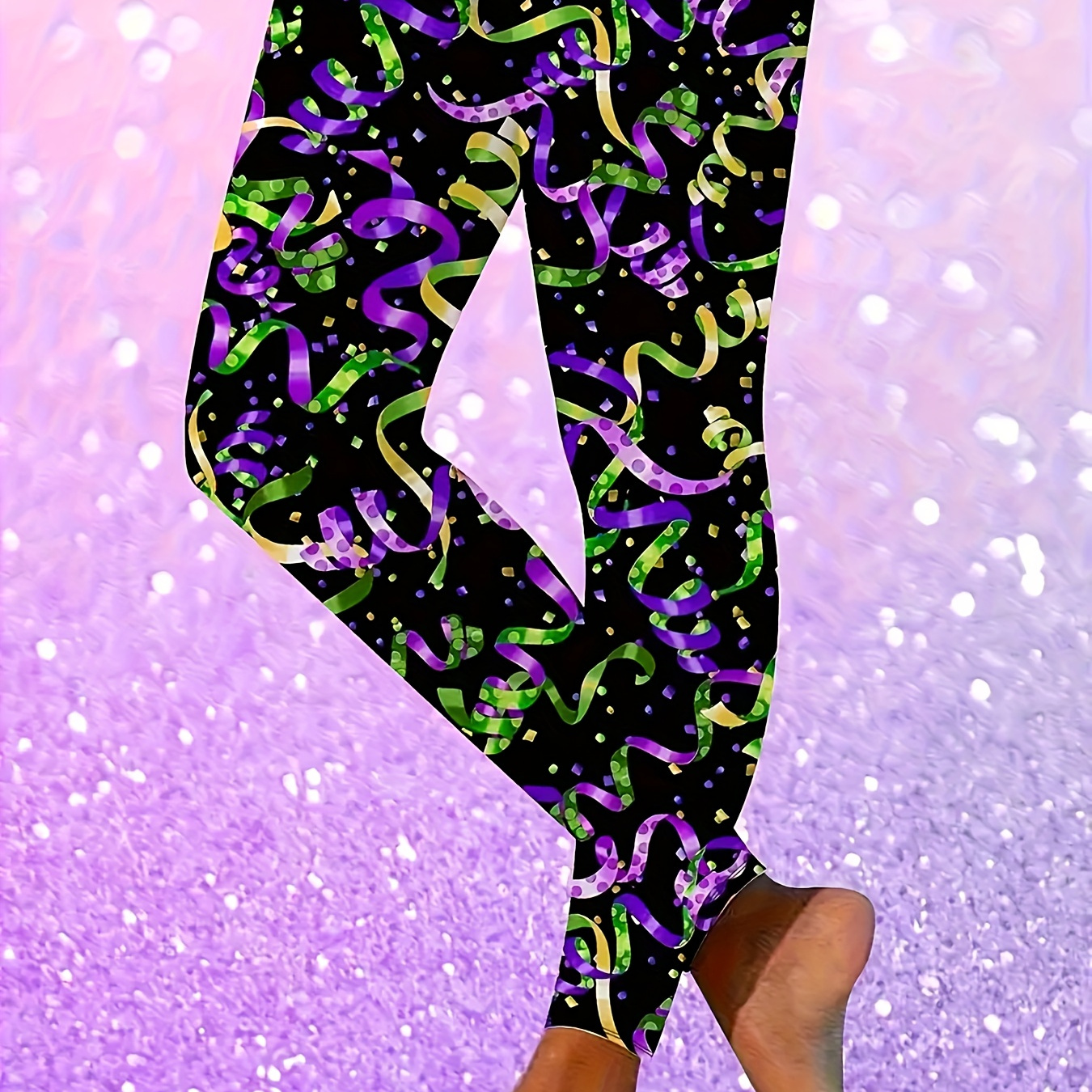 

Elegant Mardi Gras-inspired Leggings For Women - Stretchy Polyester, Machine Washable, Non-see-through With Pop Art Print, All