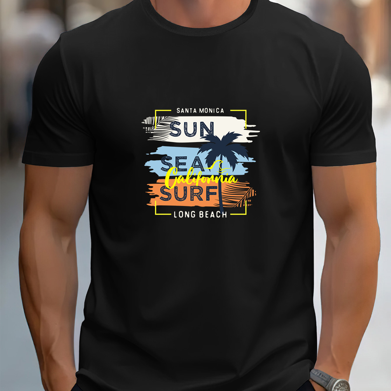 

Sun Sea Surf Print Tees For Men, Casual Quick Drying Breathable T-shirt, Short Sleeve T-shirt For Running Training