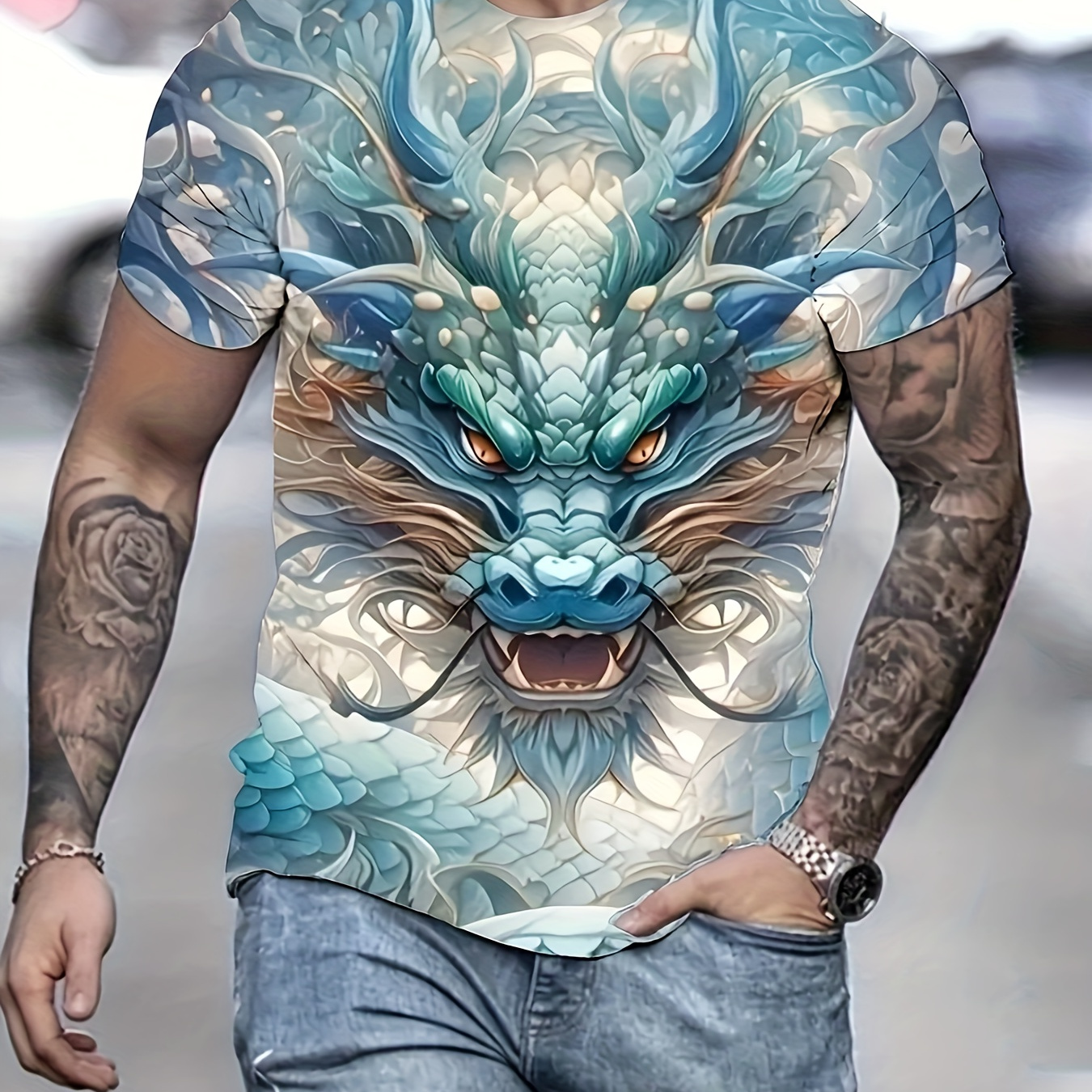 

Novelty Chinese Dragon 3d Printed Crew Neck Short Sleeve T-shirt For Men, Casual Summer T-shirt For Daily Wear And Vacation Resorts