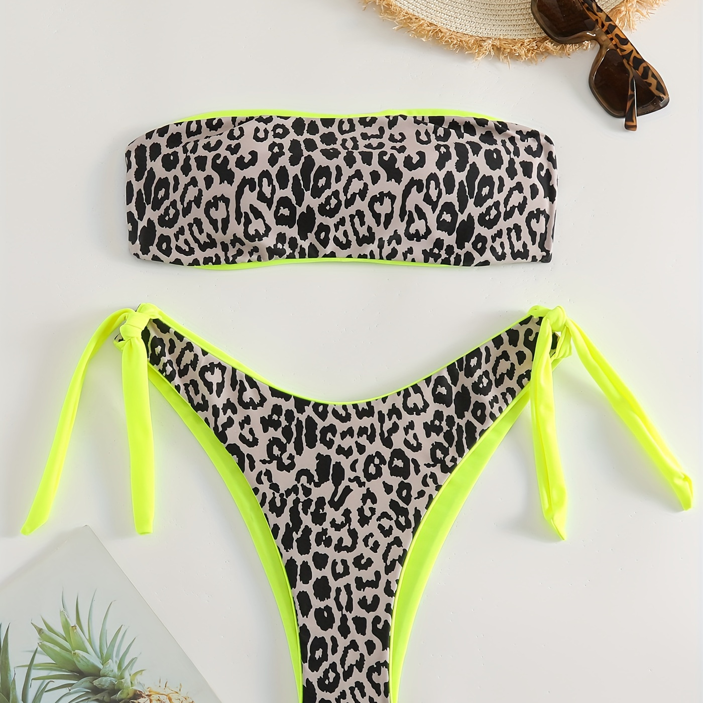 

Leopard Print Neon Color Contrast Trim 2 Piece Set Bikini, Knot Side Bandeau Stretchy Swimsuits, Women's Swimwear & Clothing