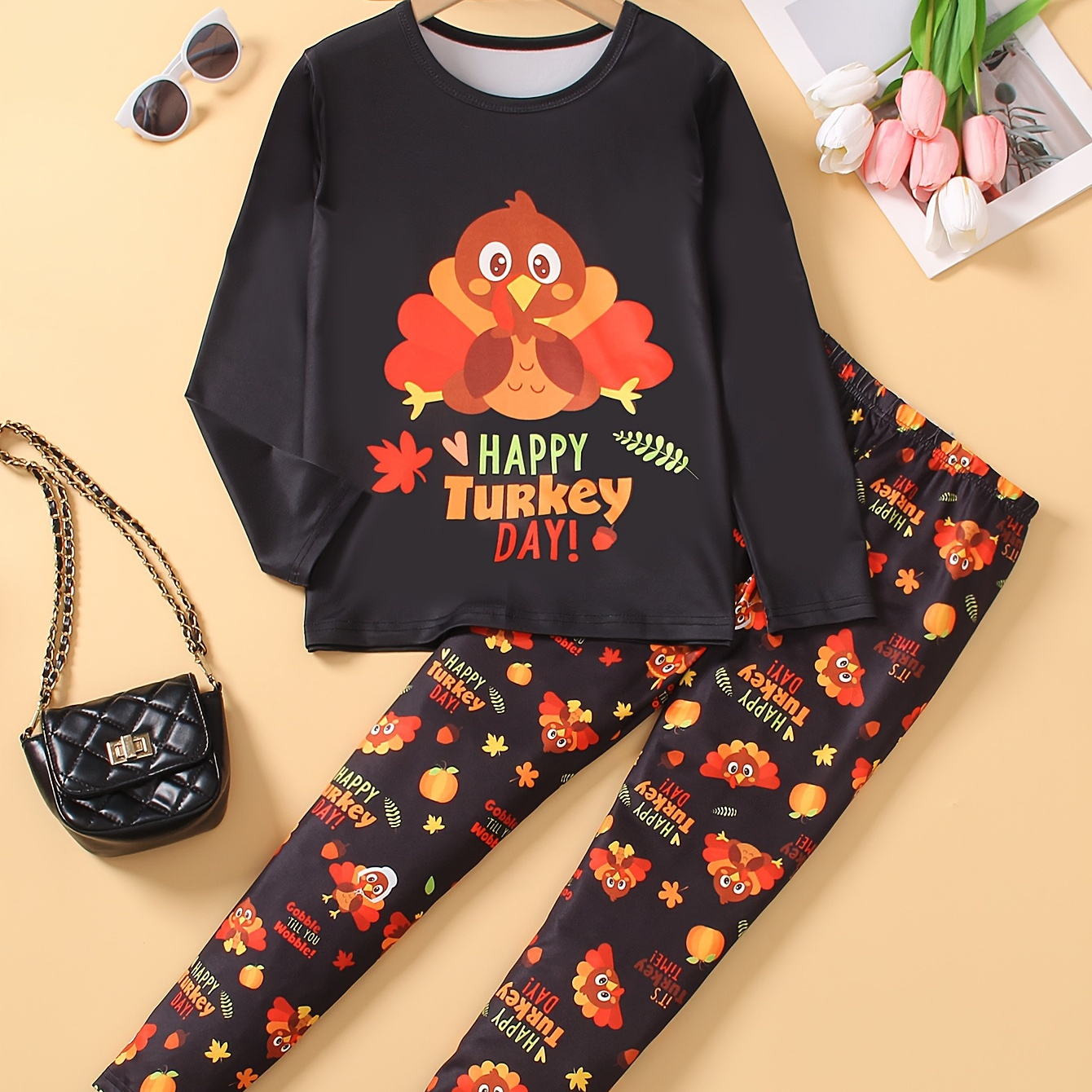 

120-170 ' Turkey Pattern Pattern Positioning Round Long Sleeve T- Turkey Pattern Fit Bottoming Trousers Two- Outing , For