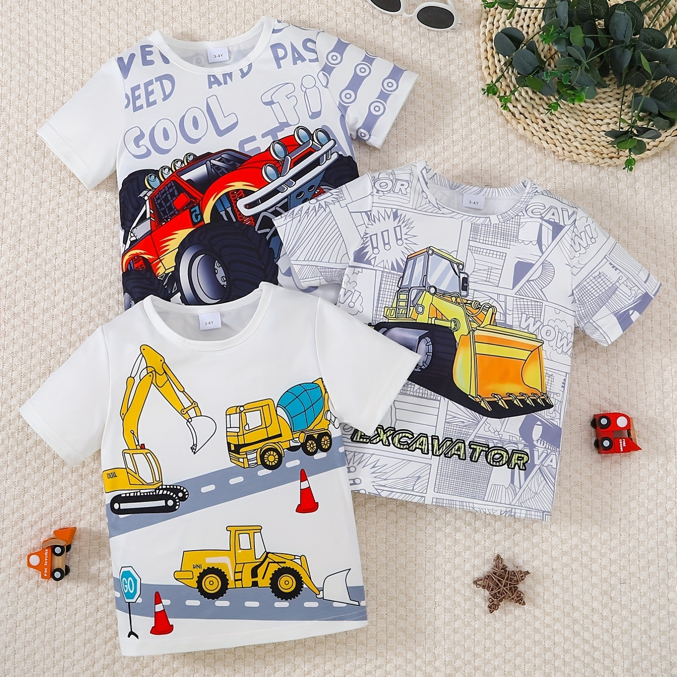 

3pcs Cartoon Cool Truck, Digger And Excavator Print Boys Creative T-shirt, Casual Lightweight Comfy Short Sleeve Crew Neck Tee Tops, Kids Clothings For Summer