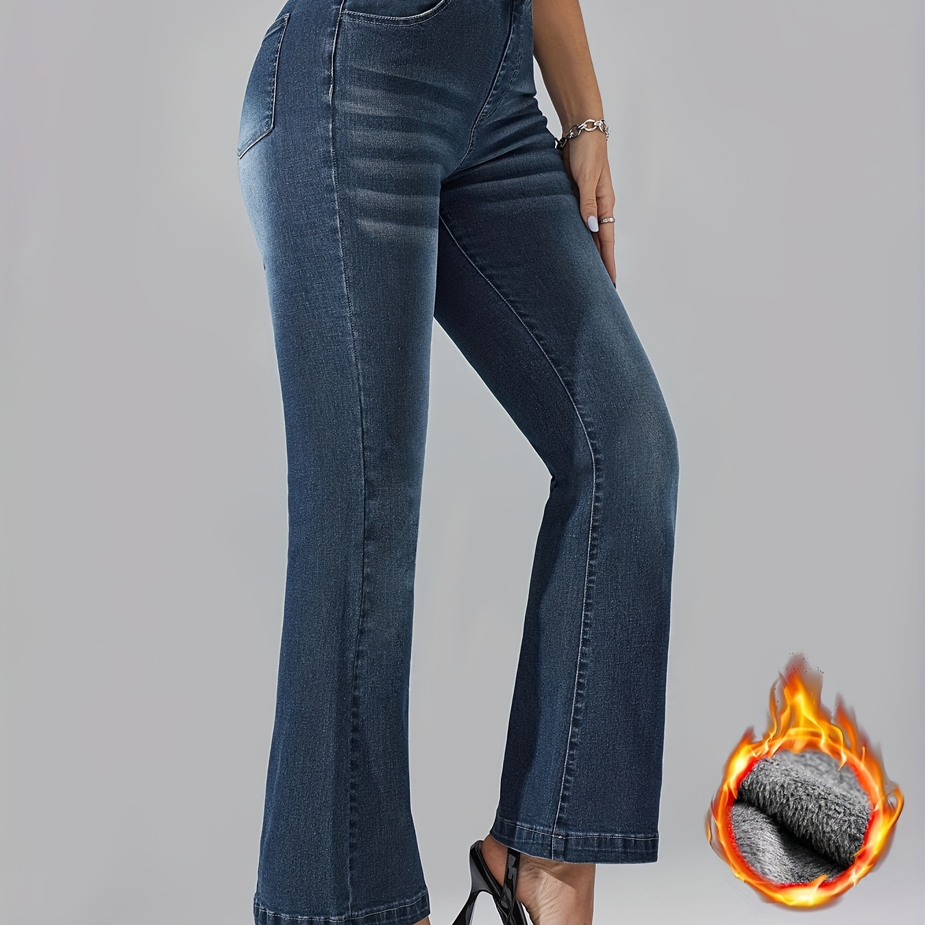 

Plush Lined Plain Washed Blue Whiskering Flare Leg Winter Denim Pants, Women's Denim Jeans & Clothing