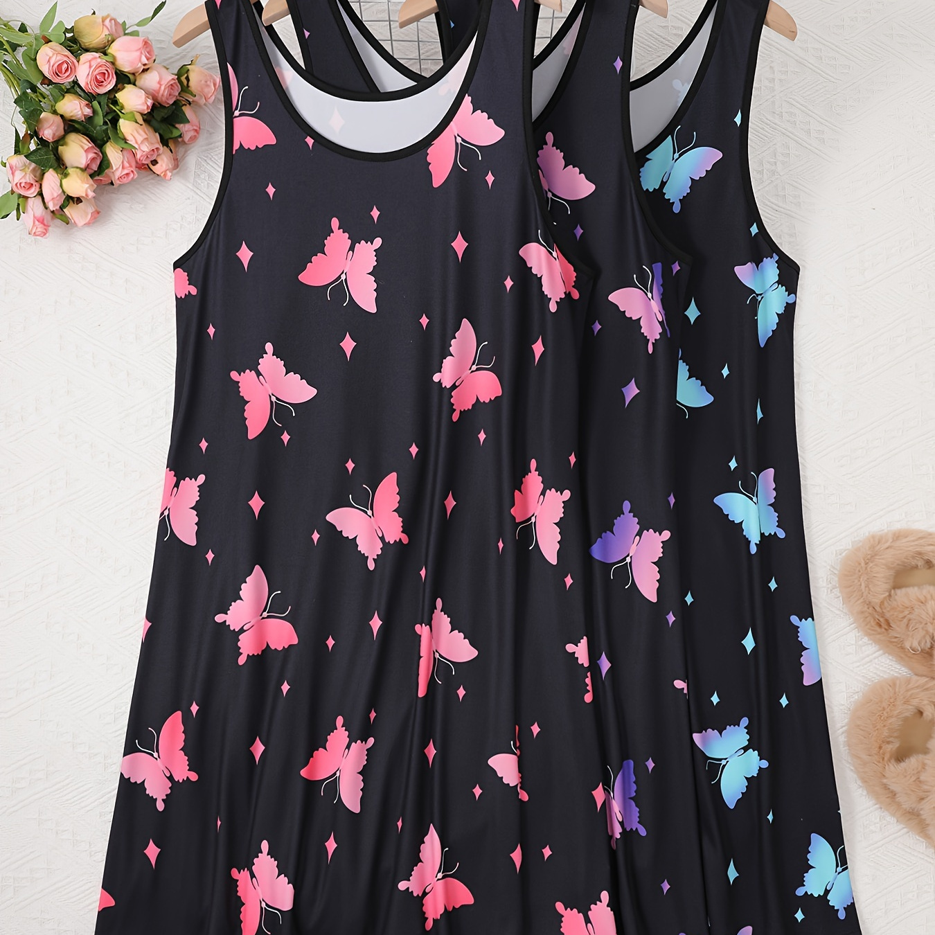 

3pcs Women's Plus Street Style Sleep Dress, Plus Size Star & Butterfly Print Round Neck Tank Nightdress