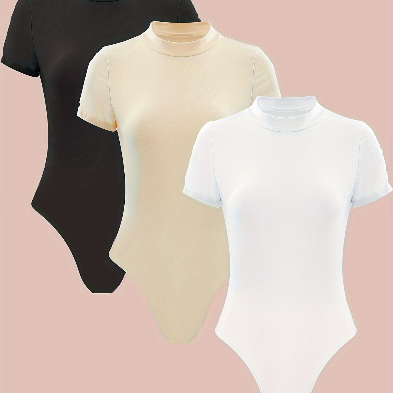 

Solid Mock Neck Bodysuit 3 Pack, Casual Short Sleeve Slim Bodysuit, Women's Clothing
