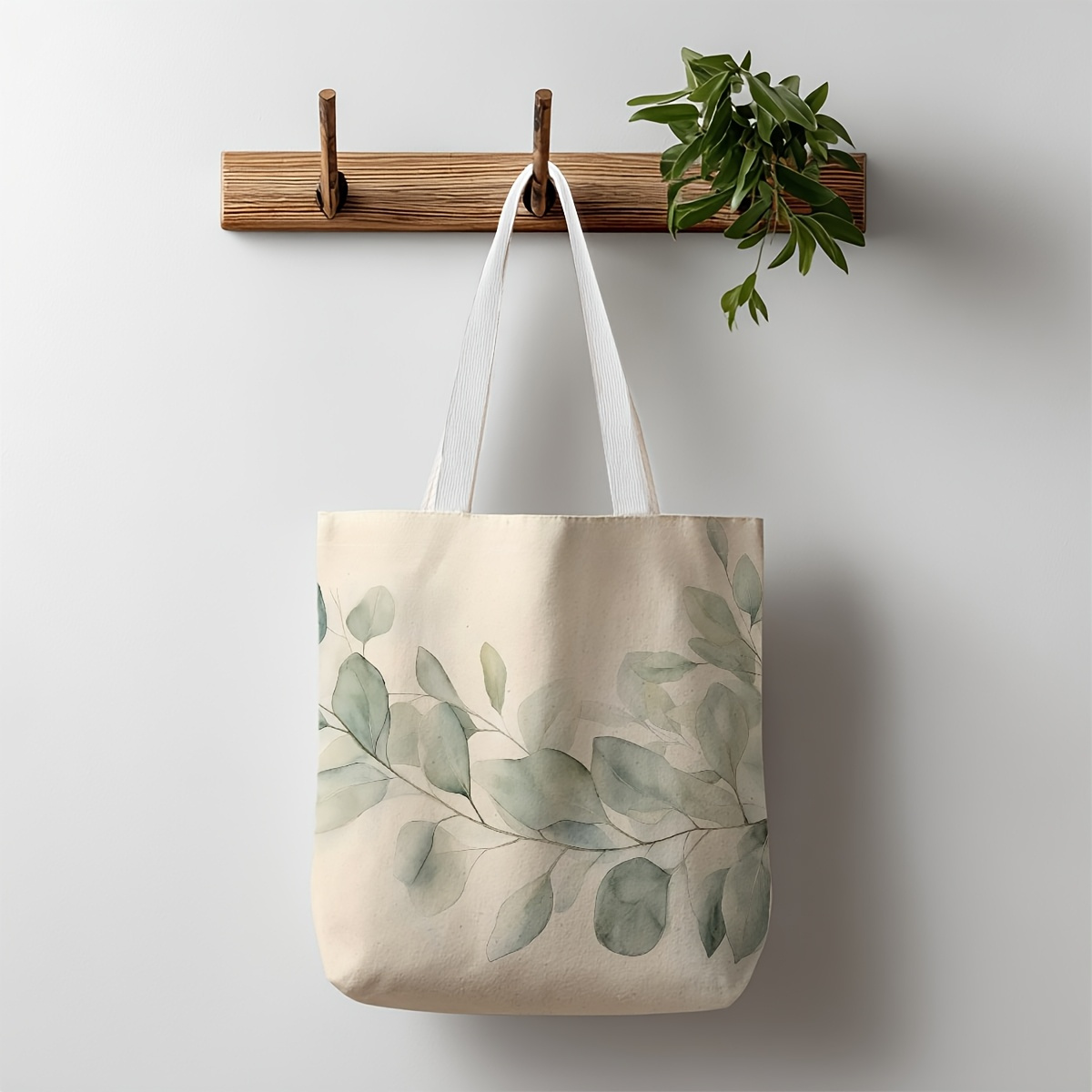 TEMU 2d Flat 1pc Watercolor Eucalyptus Leaves Reusable Tote Bag, Duplex Prints Eucalyptus Branch Art, Ideal For Market, Casual Office , Summer Beach
