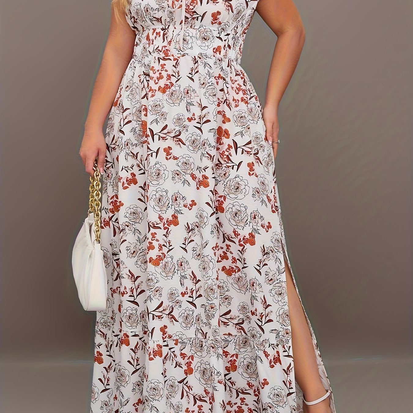 

Plus Size Elegant Dress, Women's Plus Floral Print Puff Sleeve Tie Front Square Neck Side Split Maxi Dress