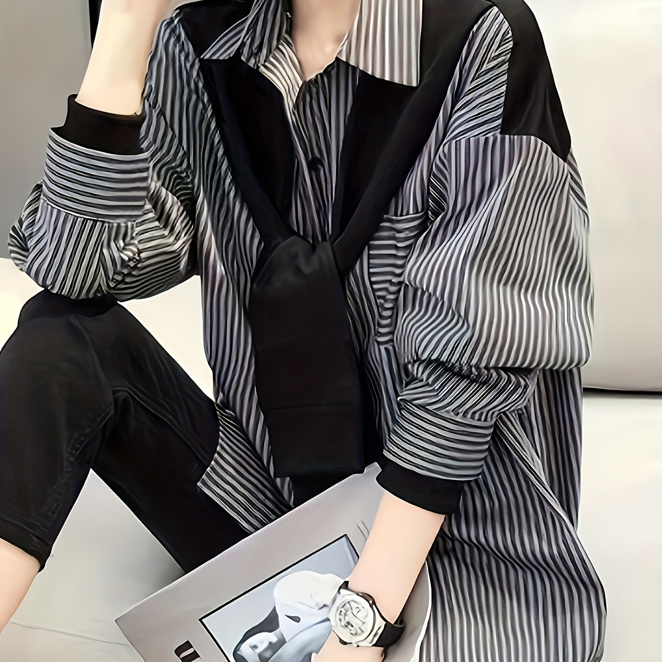 

Striped Print Color Block Shirt, Casual Long Sleeve Splicing Shirt For Spring & Fall, Women's Clothing