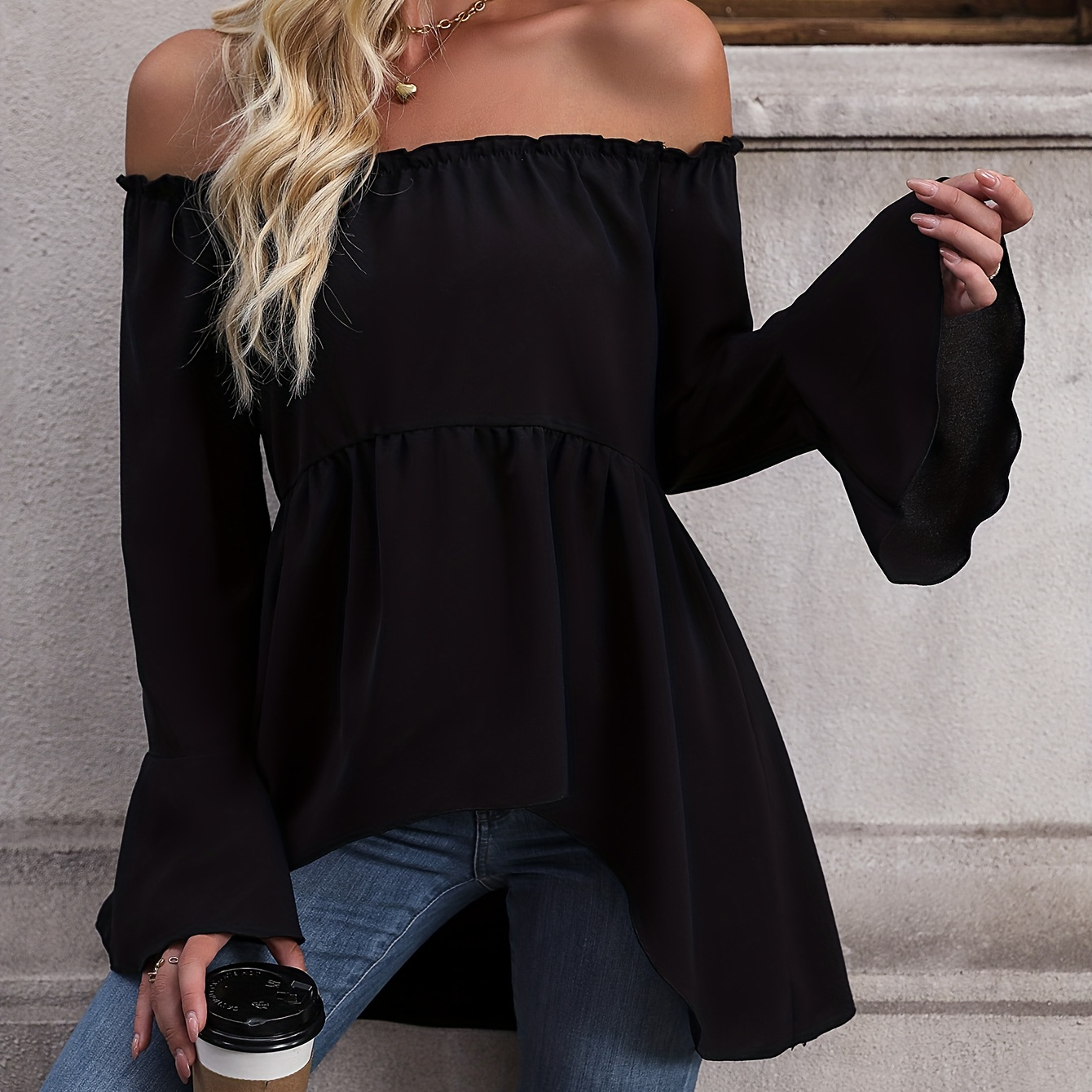 

Dipped Hem Ruffle Trim Blouse, Casual Off Shoulder Solid Long Sleeve Blouse, Women's Clothing