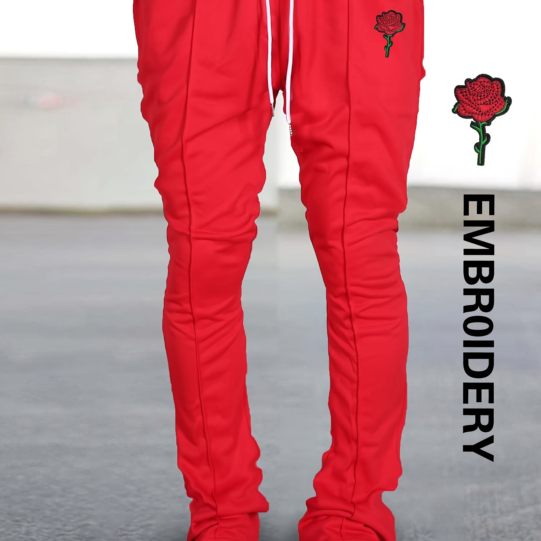 

Red Rose Embroidery, Men's Jogger Pants, Drawstring Sweatpants, Loose Casual Trousers For Spring Autumn Running Jogging Outdoor Fitness Holiday Daily Commute Dates