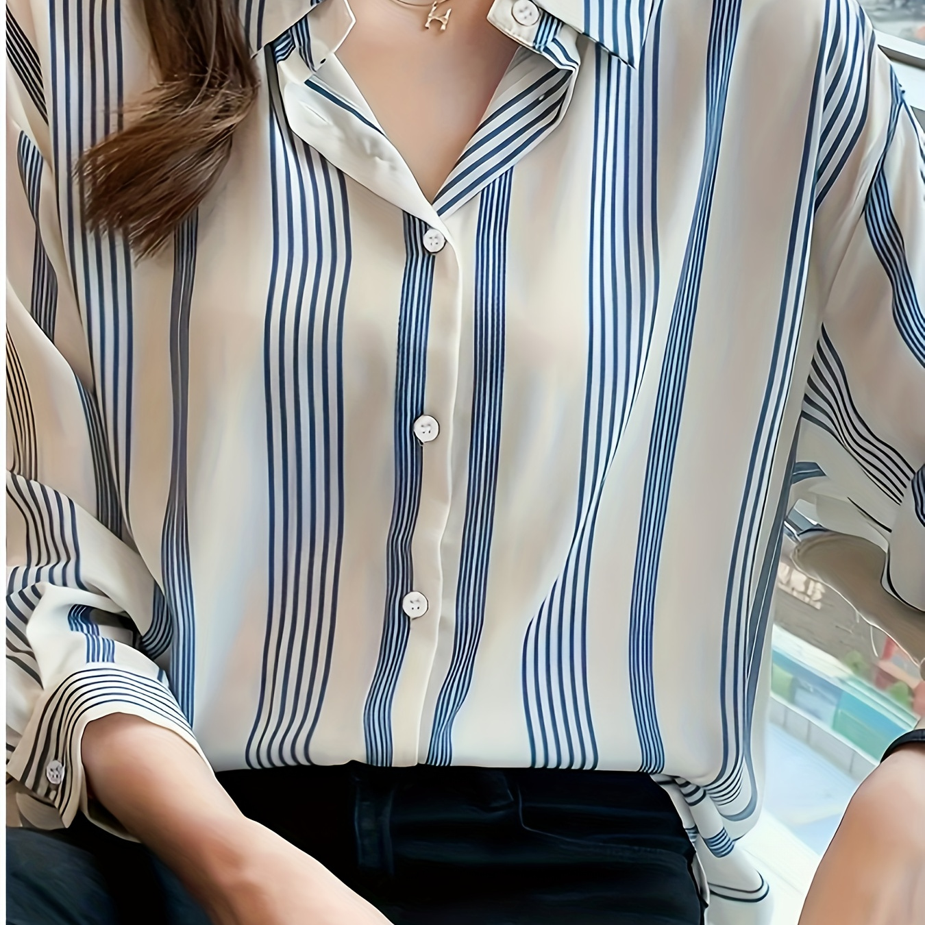 

Women's Elegant Striped Button-up Shirt - Casual Long Sleeve Collared Blouse, Polyester, Machine Washable, Spring/summer/fall, Office Blouse| Blouse| Texture