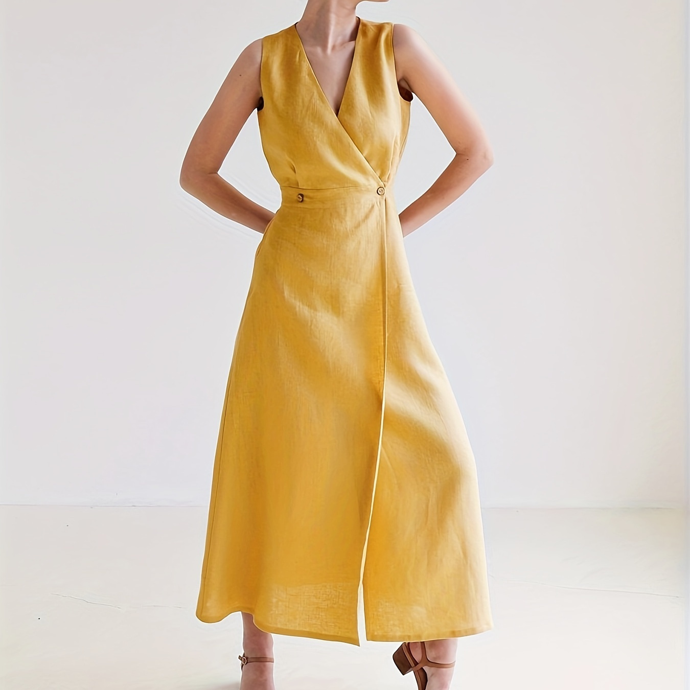 

Plain Color Surplice Neck Dress, Elegant Sleeveless A-line Dress For Spring & Summer, Women's Clothing