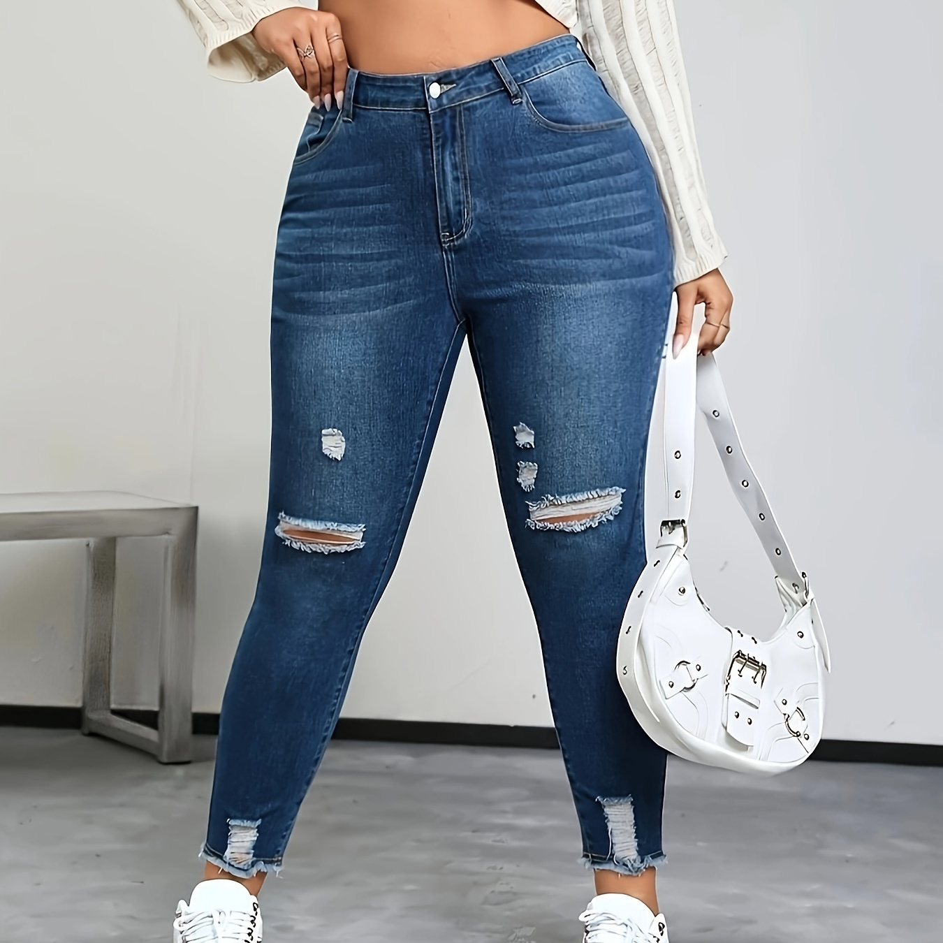 

Women's Plus Size Ripped Denim Jeans - Casual Solid Color With Distressed Holes And , Medium Stretch Woven Denim For Spring/fall