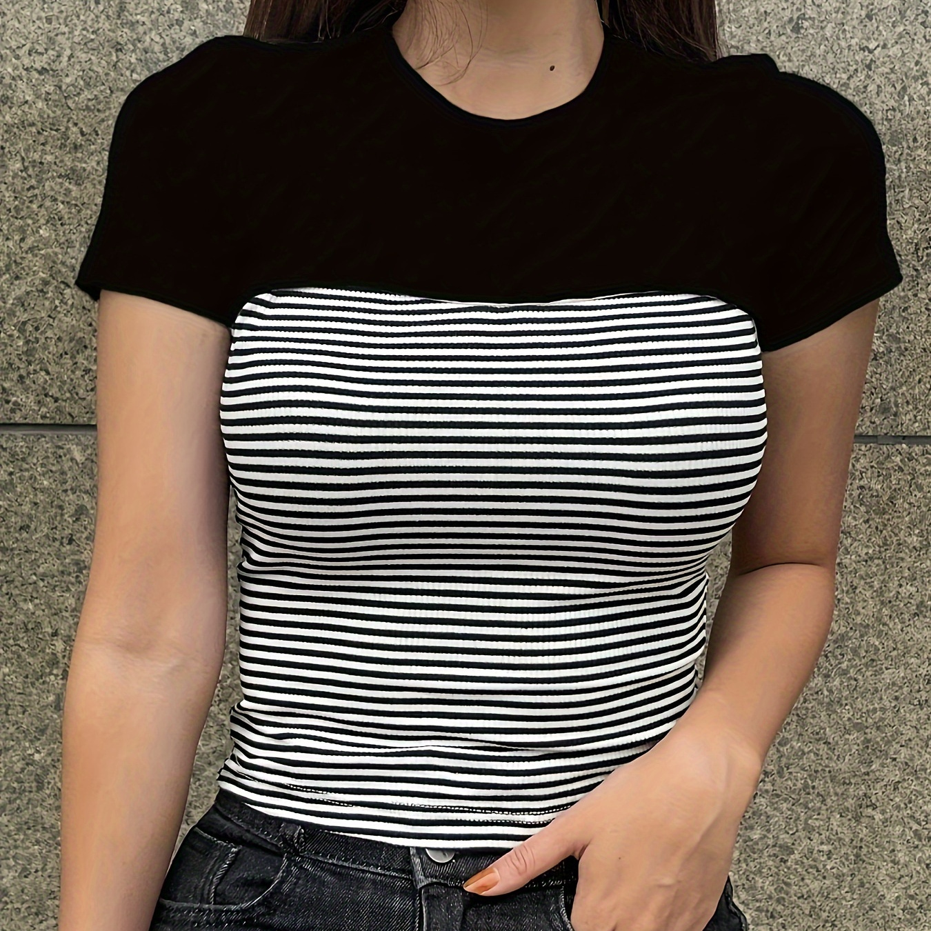 

Stripe Print Crew Neck Panel T-shirt, Casual Short Sleeve Faux Twinset Slim Top For Spring & Summer, Women's Clothing