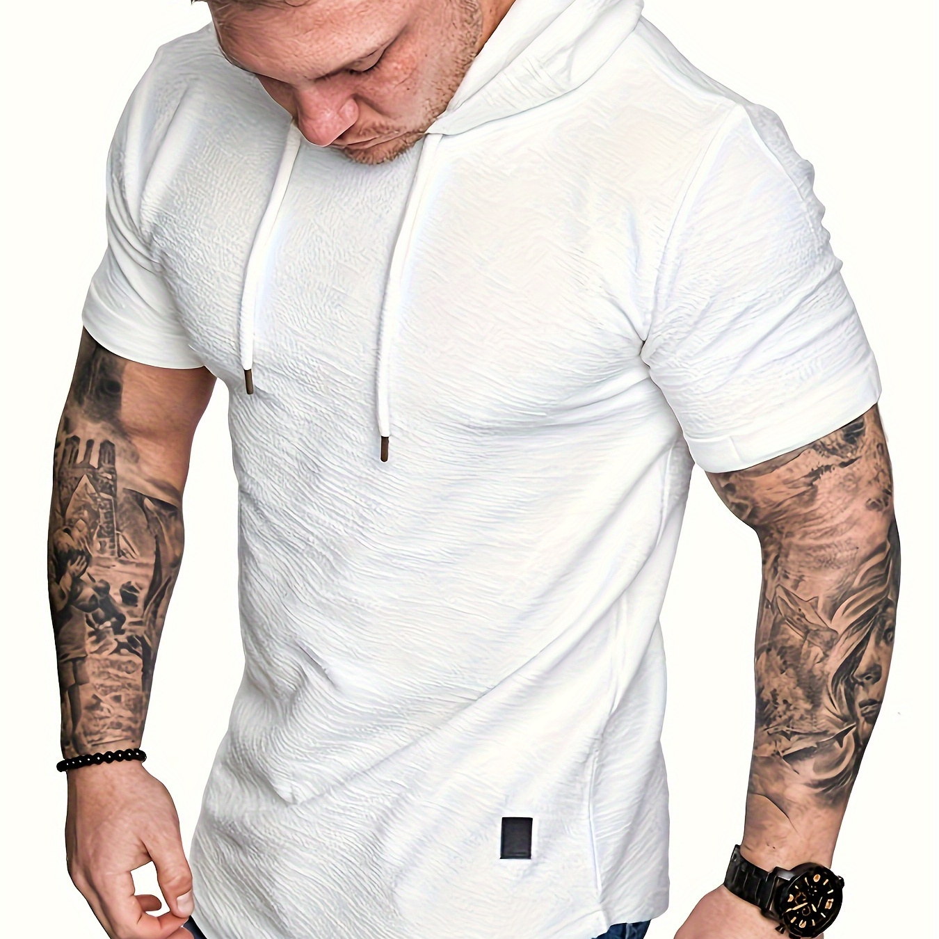 

Men's Solid Hooded Short Sleeve T-shirt With Label Patchwork, Casual And Trendy Tops For Summer Fitness And Outdoors Sports Wear
