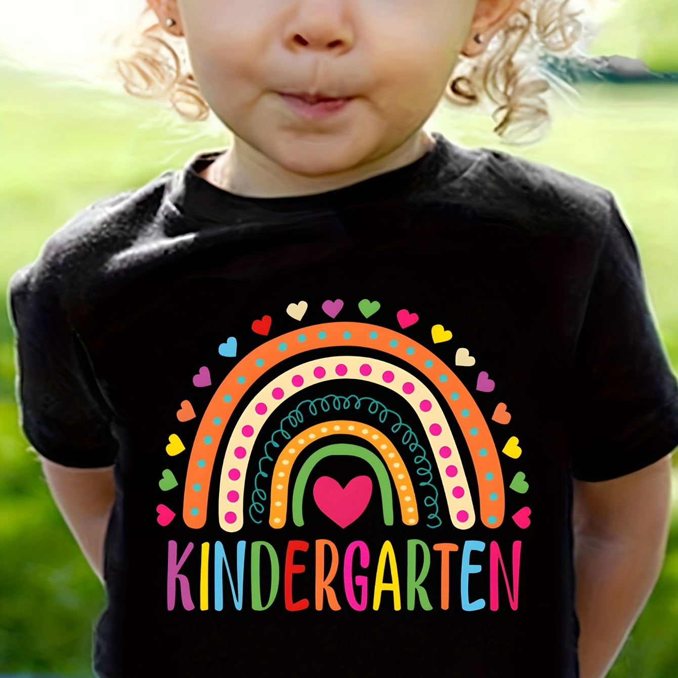

kindergarten" Letter & Rainbow Graphic Print Creative T-shirts, Soft & Elastic Comfy Crew Neck Short Sleeve Tee, Girls' Daily Wear Top