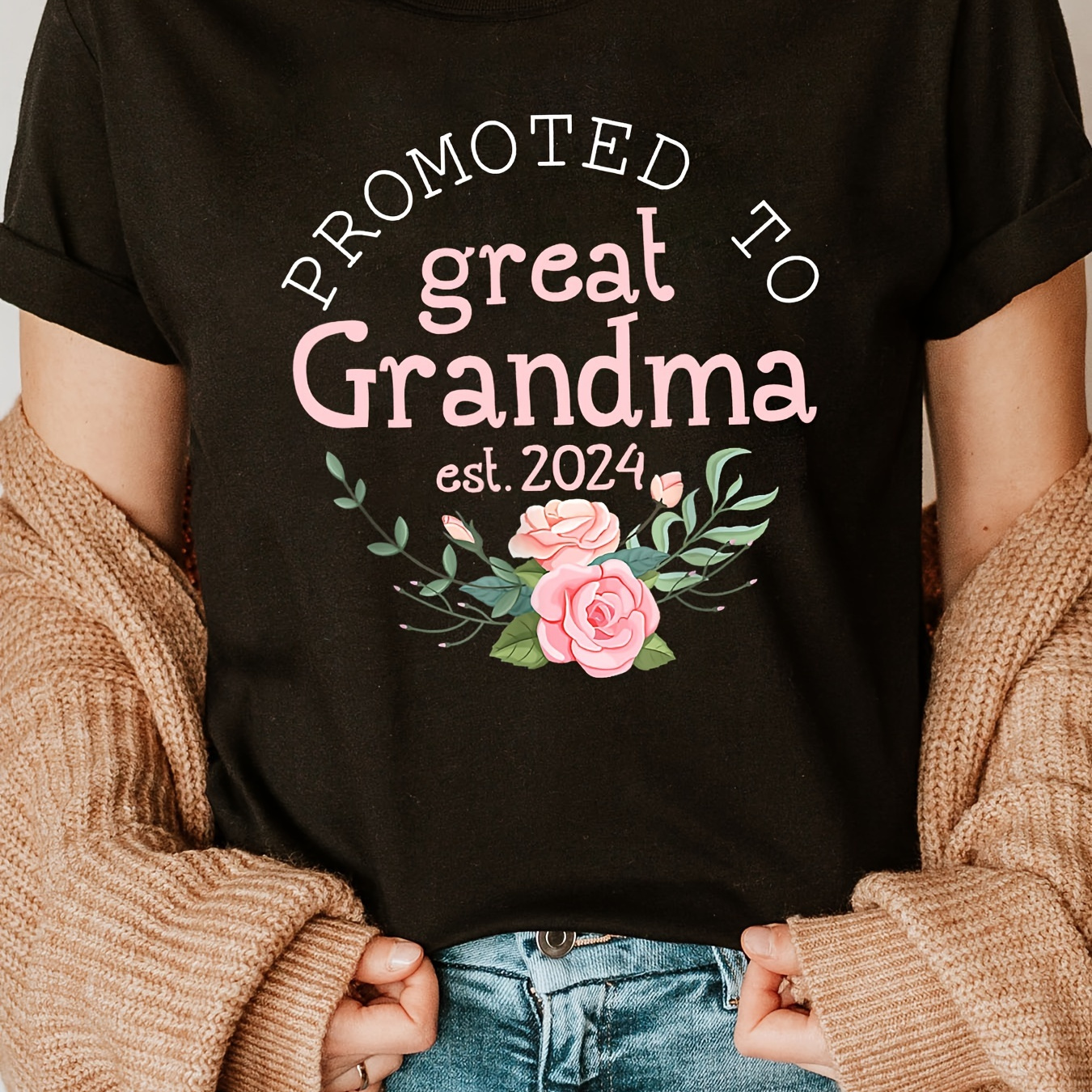 

Great Grandma Print Crew Neck T-shirt, Short Sleeve Casual Top For Summer & Spring, Women's Clothing