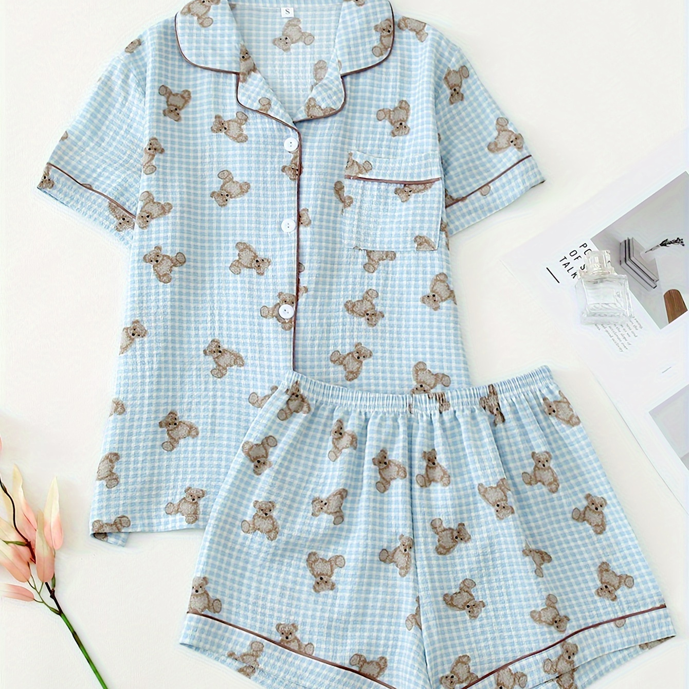 

2pcs Women's Cute Teddy Light Blue Pajama Set - Short Sleeve Button- & Waist Shorts, Soft Polyester , Machine Washable - Animal Pattern Sleepwear/loungewear